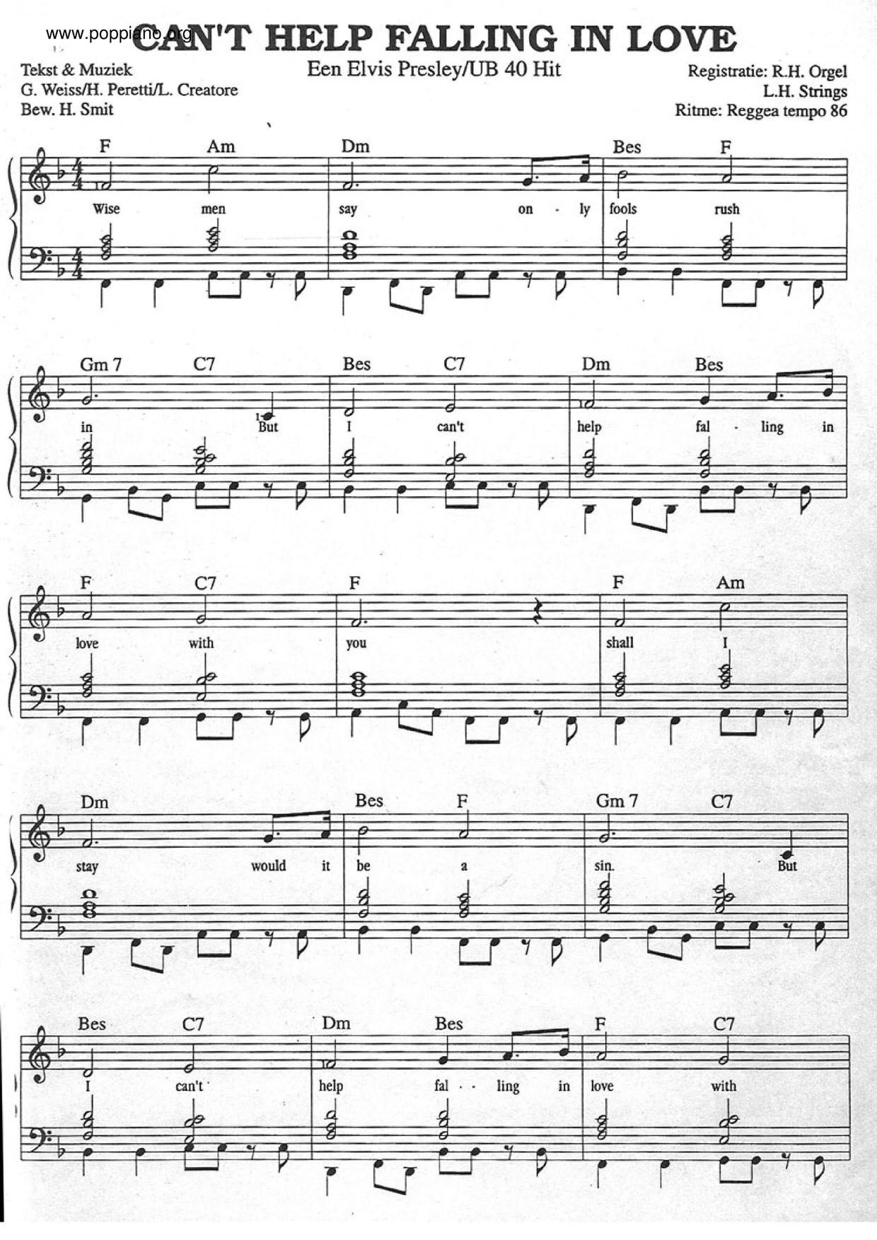 Elvis Presley Can T Help Falling In Love Sheet Music Pdf Free Score Download