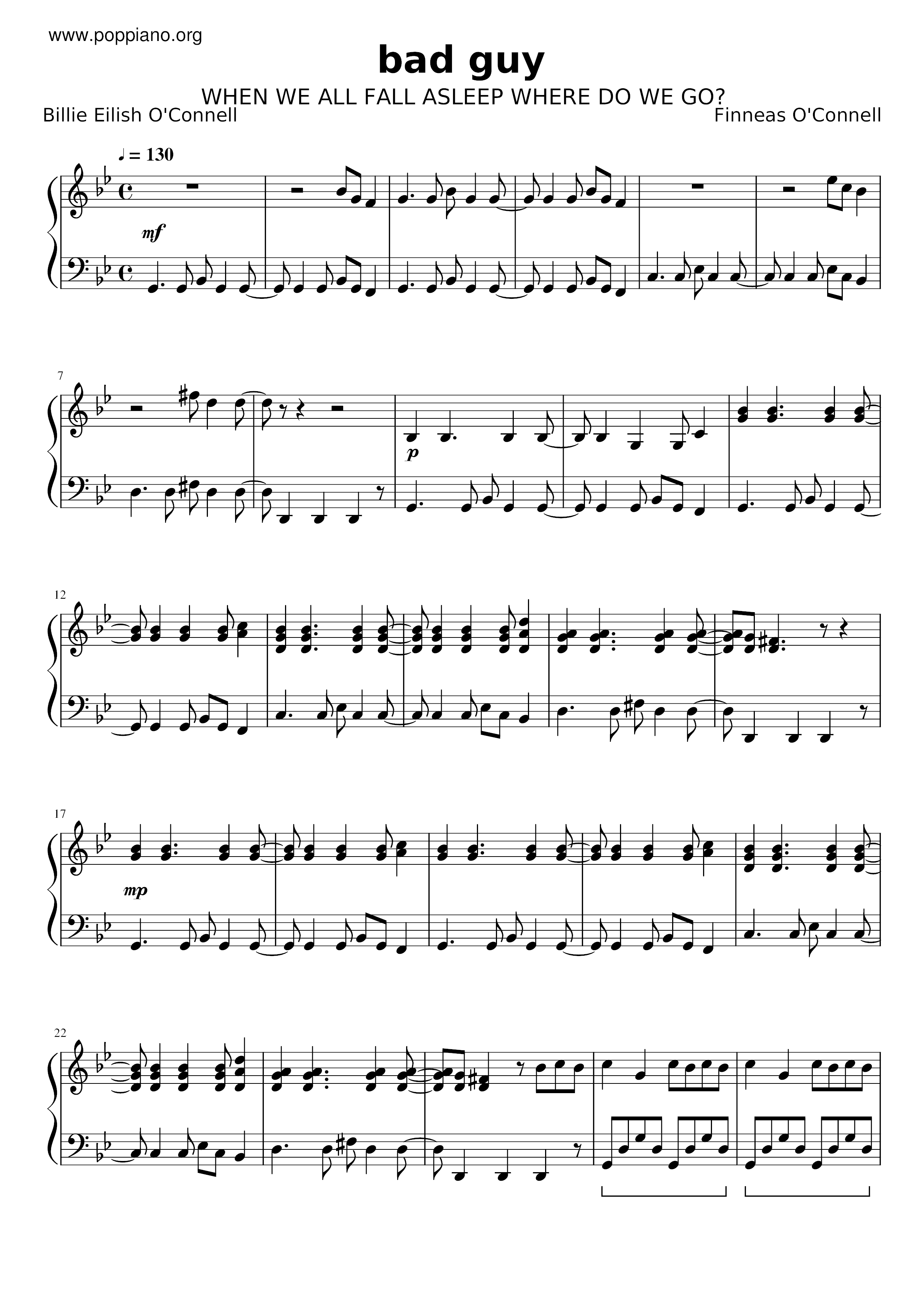 Billie Ellish Bad Guy Sheet Music Pdf Free Score Download