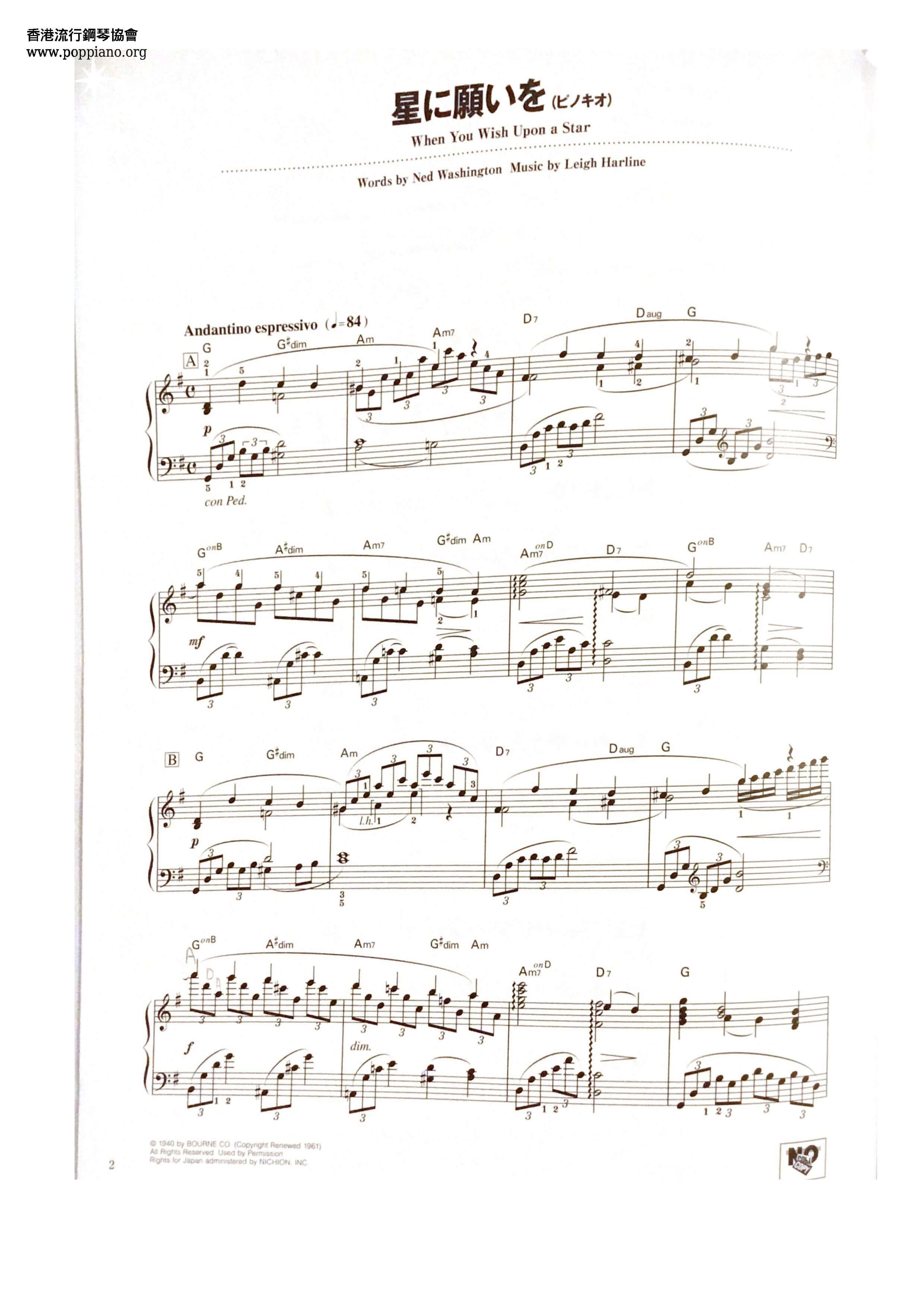 Pinocchio When You Wish Upon A Starall Versions Sheet Music Piano Score Free Pdf Download Hk Pop Piano Academy