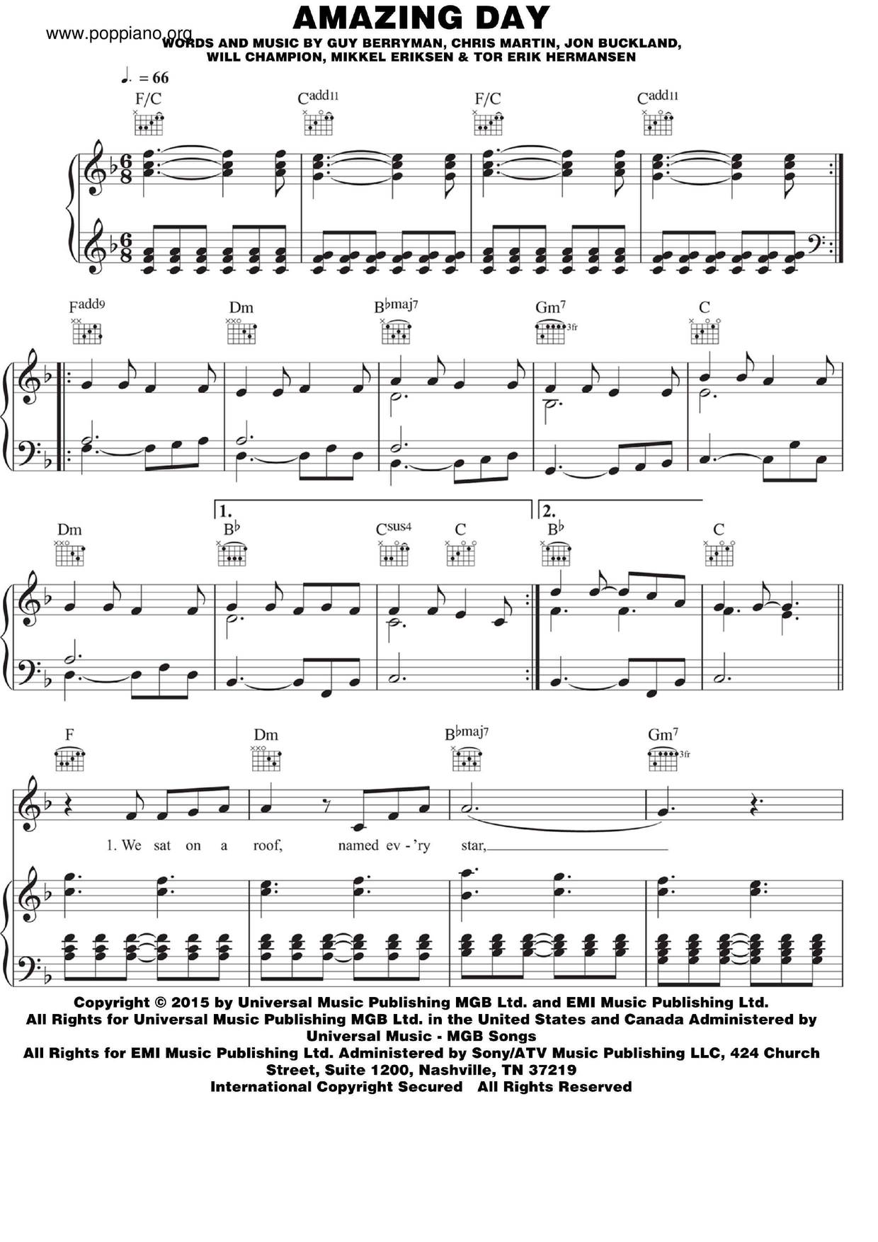 ☆ Coldplay-Amazing Day, Sheet Music, Pdf, Partitura - Free Score.