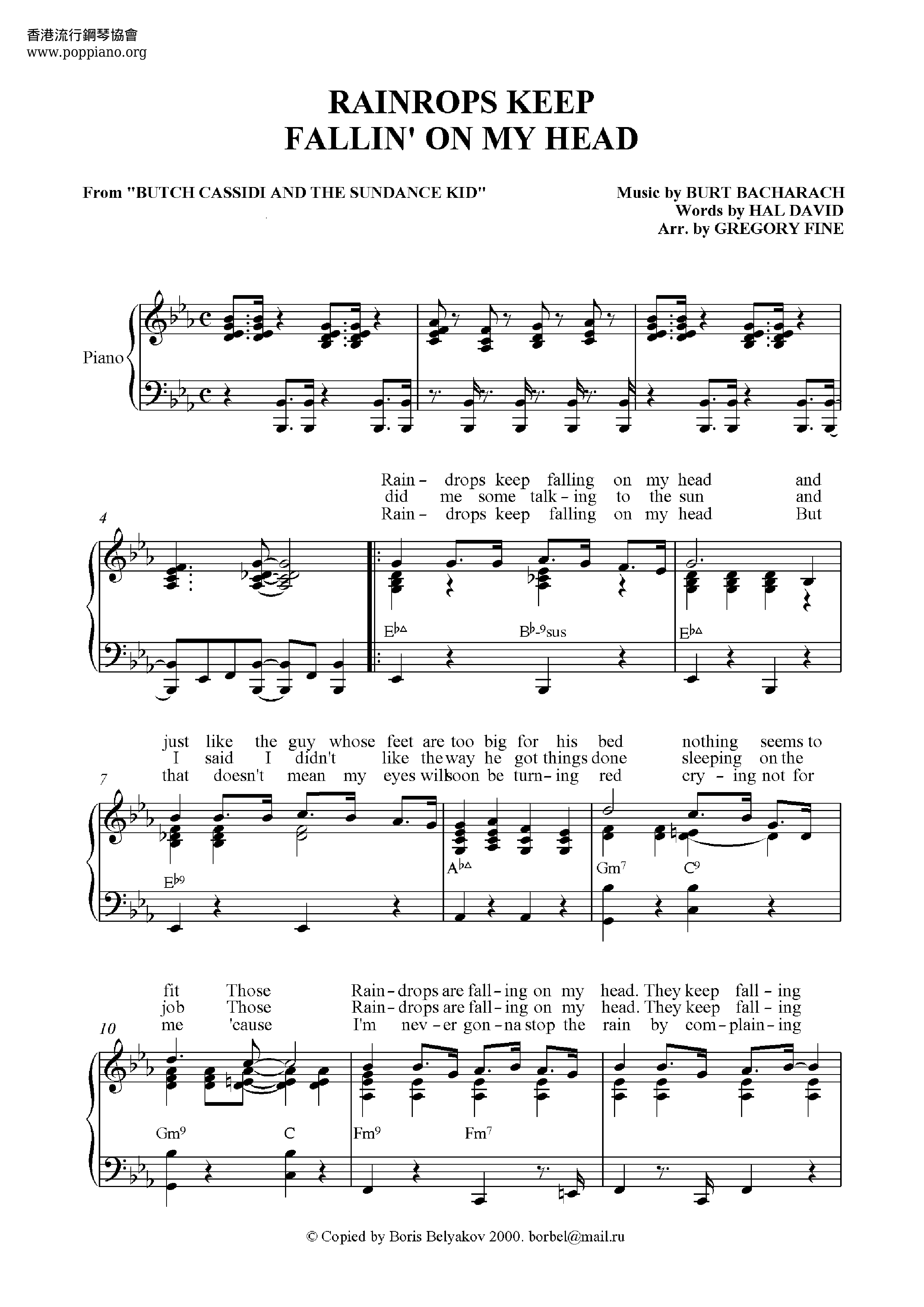 B J Thomas Rain Drops Keep Falling On My Head Sheet Music Pdf Free Score Download B J Thomas Rain Drops Keep Falling On My Head Sheet Music Pdf Free Score Download