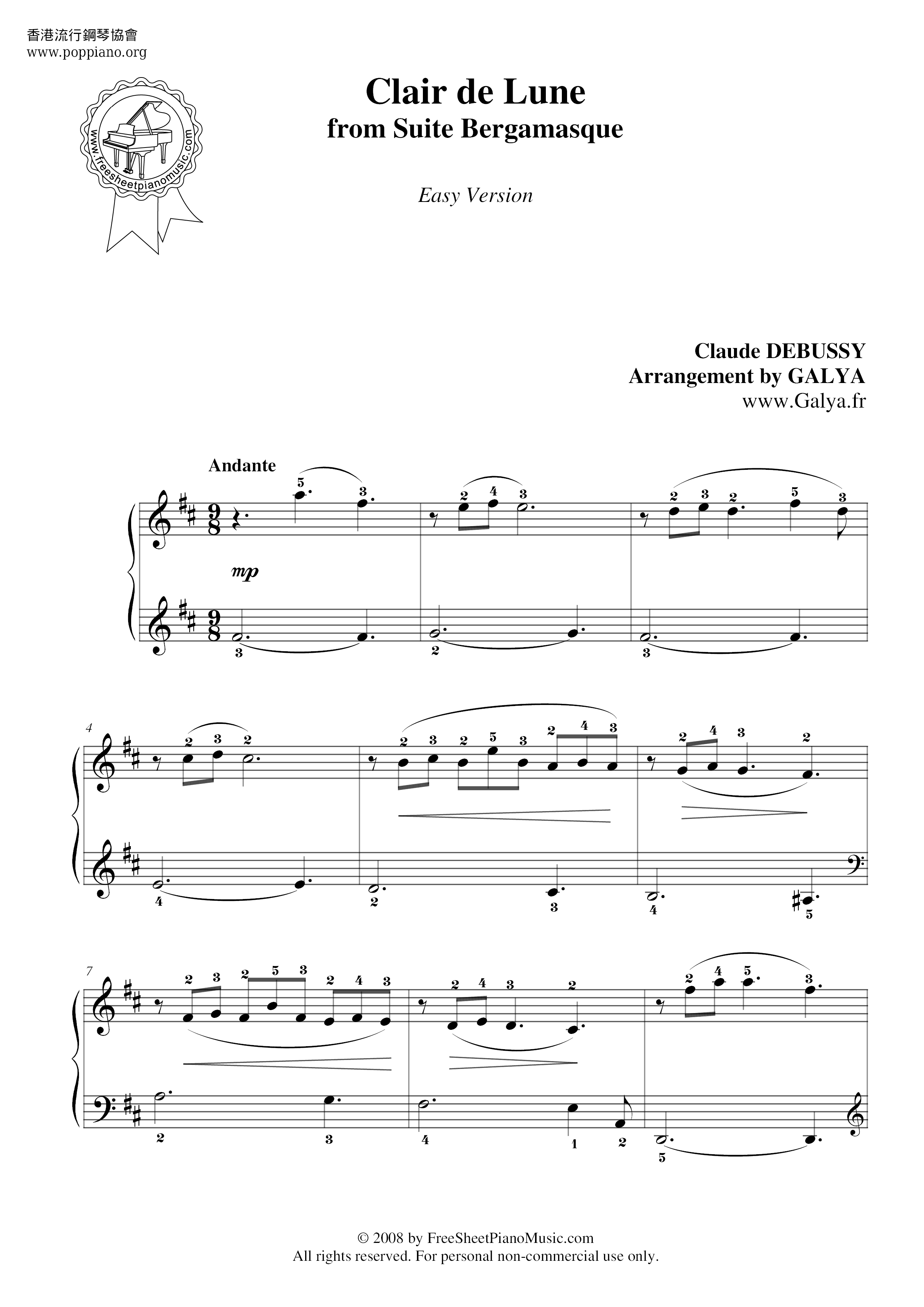 Download Clair De Lune Piano Sheet Music Easy Pdf Free PNG // Music