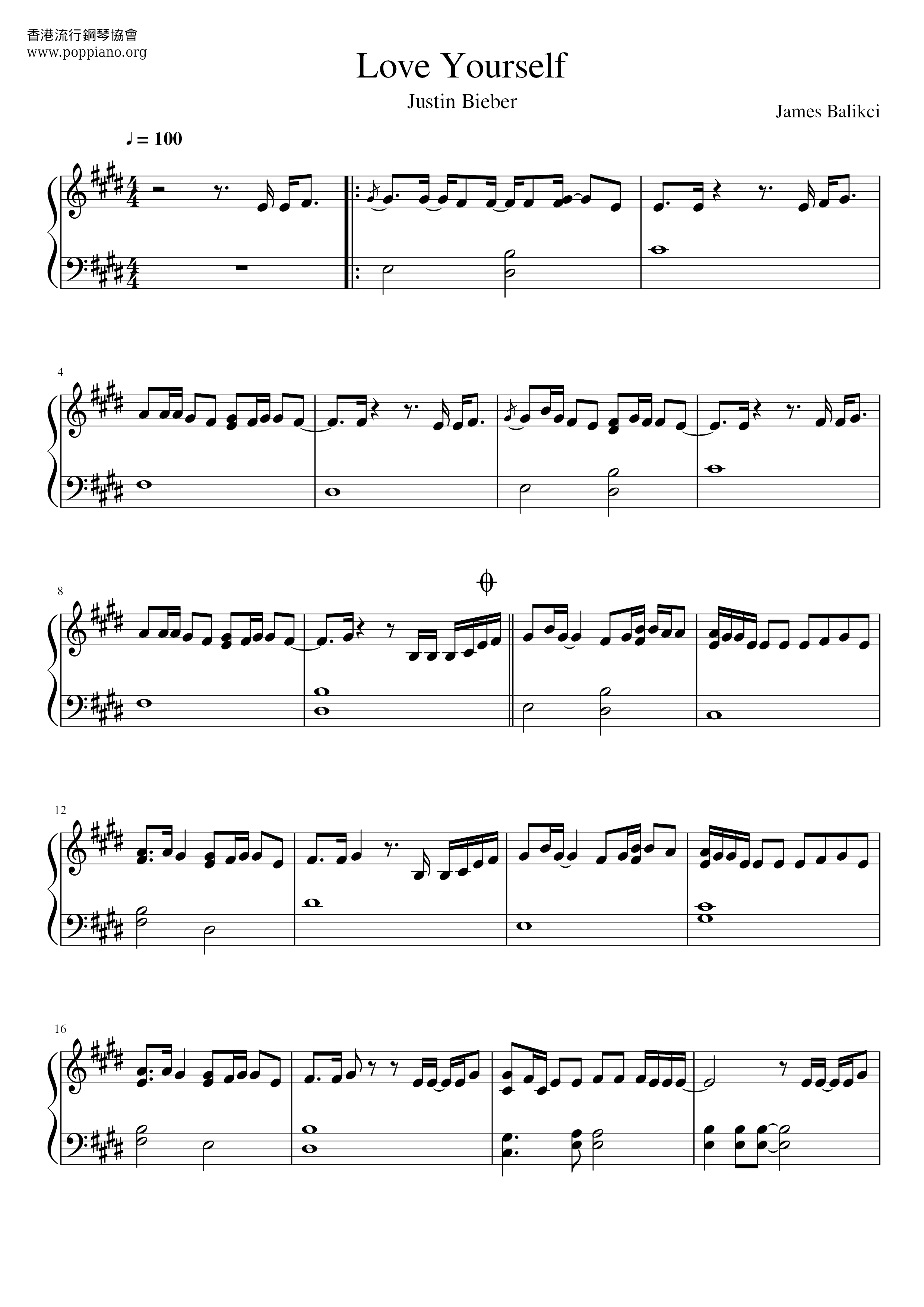 Justin Bieber Love Yourself Sheet Music Pdf Free Score Download