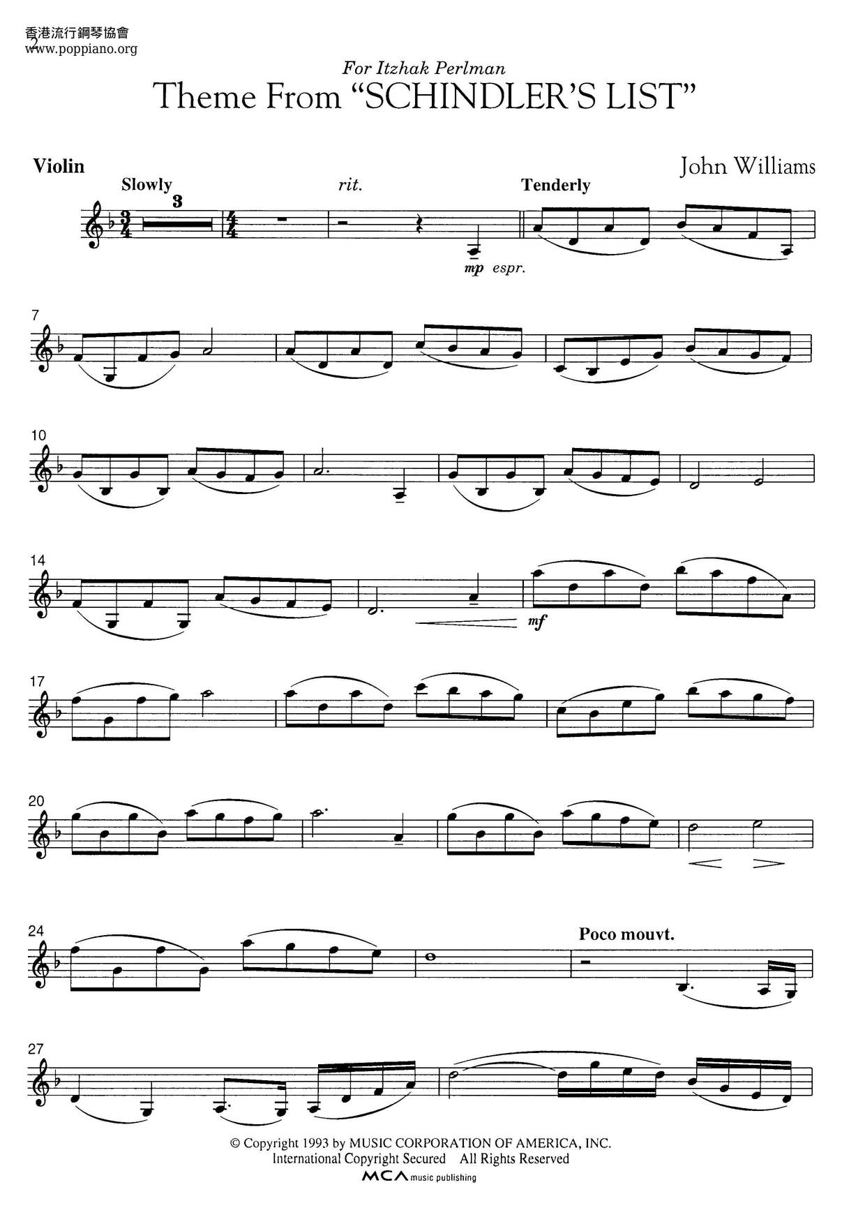 ☆ John Williams-Theme From Schindler's List Violin Score pdf, -辛德勒的名單 楽譜 - Score Download ☆