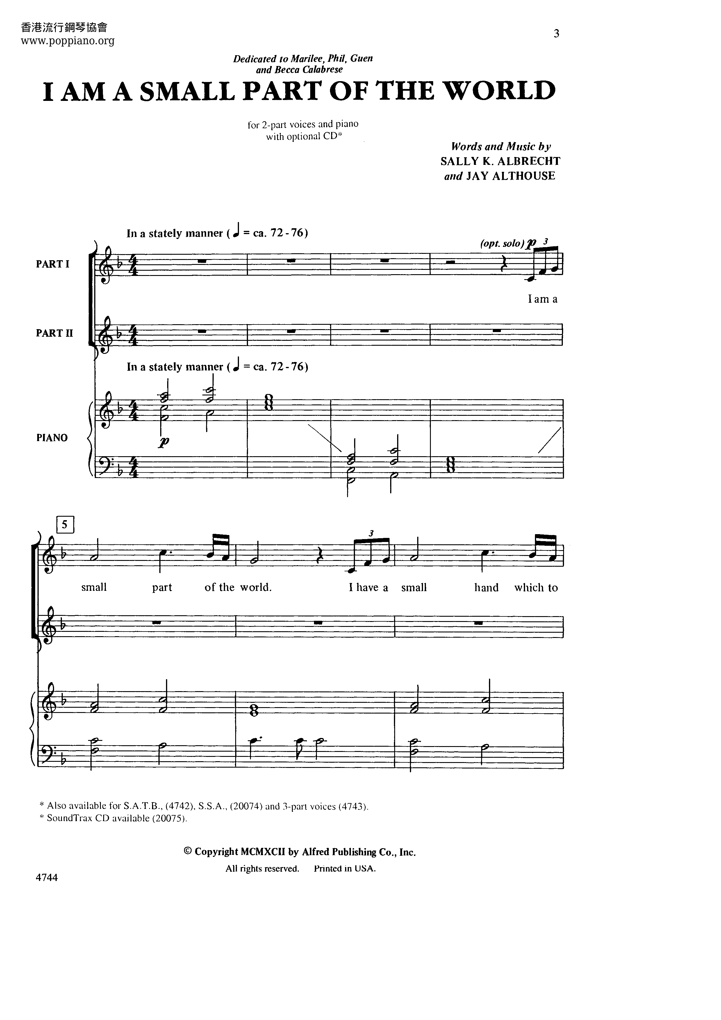 Sally Albrecht I Am A Small Part Of The World Sheet Music Pdf Free Score Download