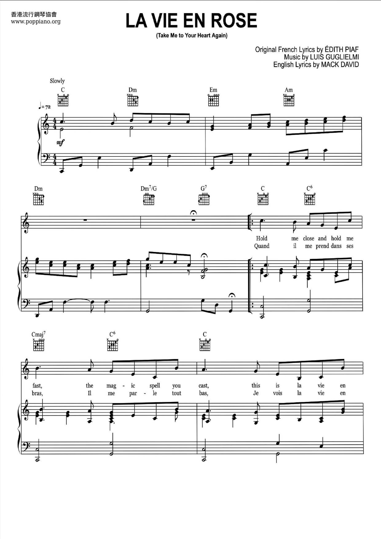 Edith Piaf La Vie En Rose Sheet Music Pdf Free Score Download