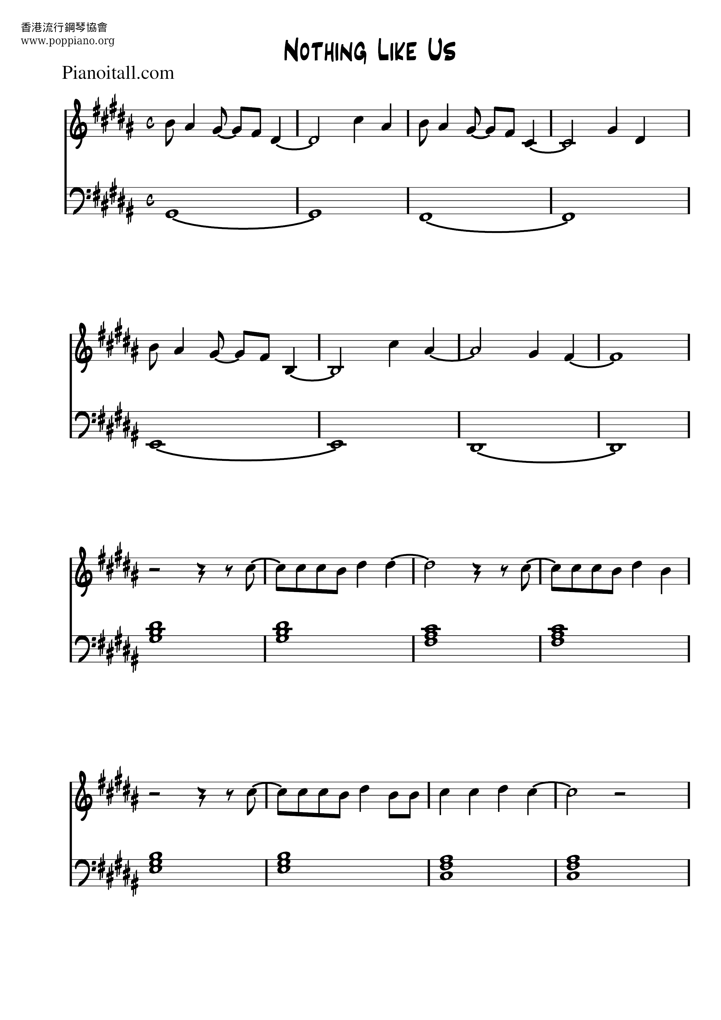 Justin Bieber-Nothing Like Us 琴譜/五線譜pdf-香港流行鋼琴協會琴譜下載 ★