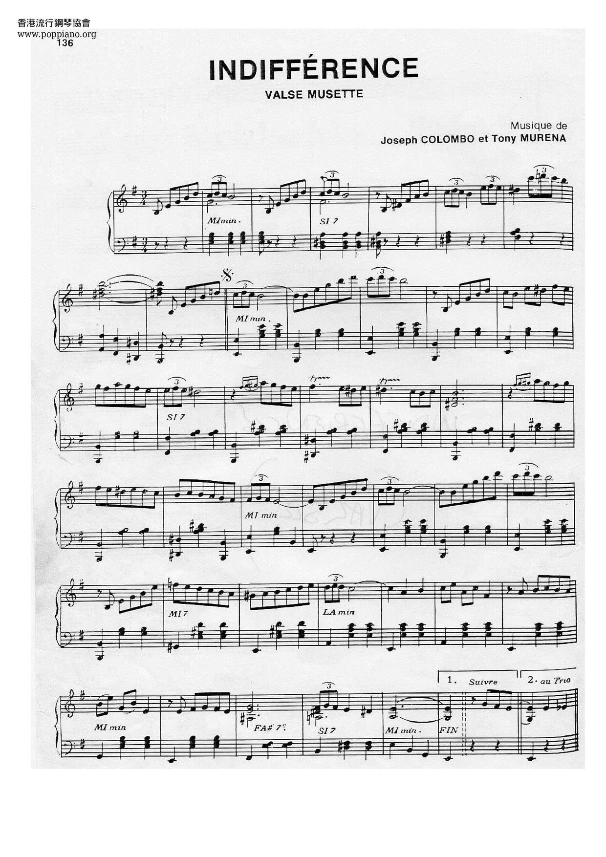 Joseph Colombo Tony Murena Indifference Sheet Music Pdf Free Score Download