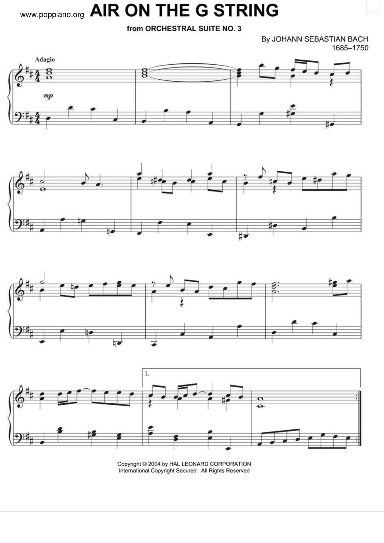 Bach Air On The G String Piano Bach-Air on the G String Sheet Music pdf, - Free Score Download โ