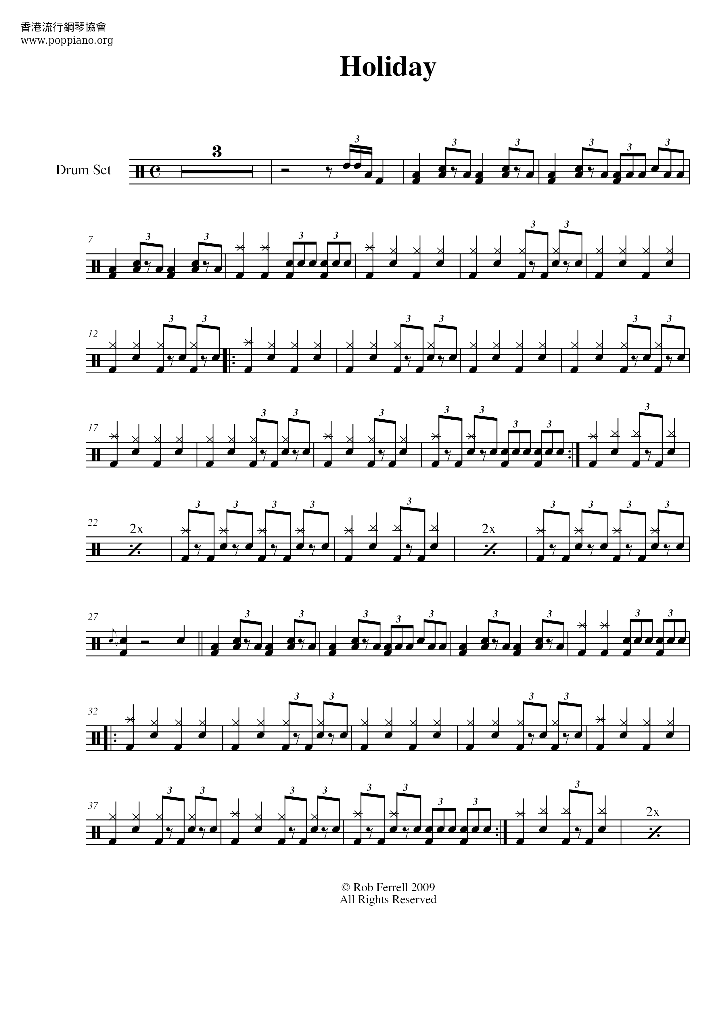 Green DayHoliday Drum Tab pdf, Free Score Download ★