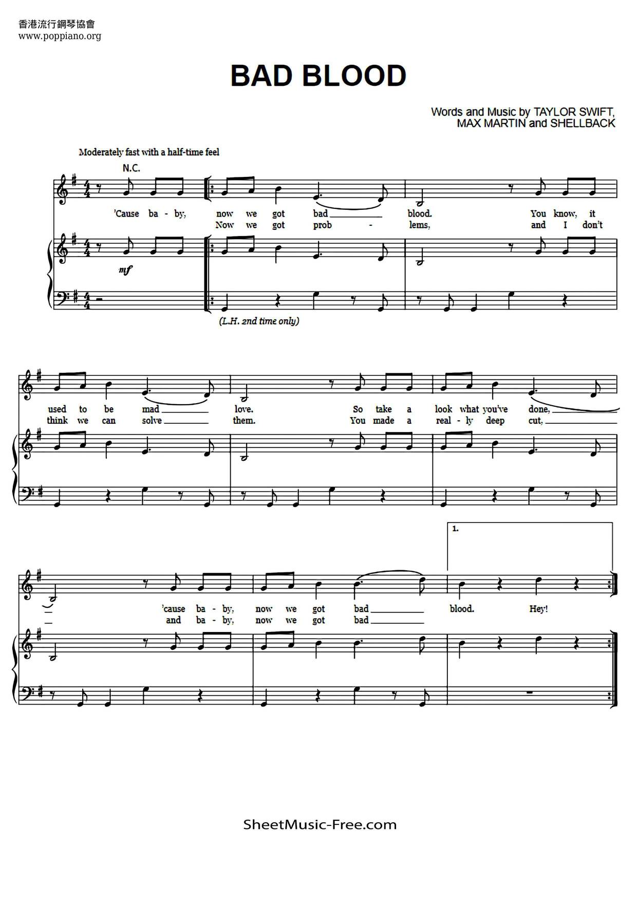 Taylor Swift Bad Blood Sheet Music Pdf Free Score Download