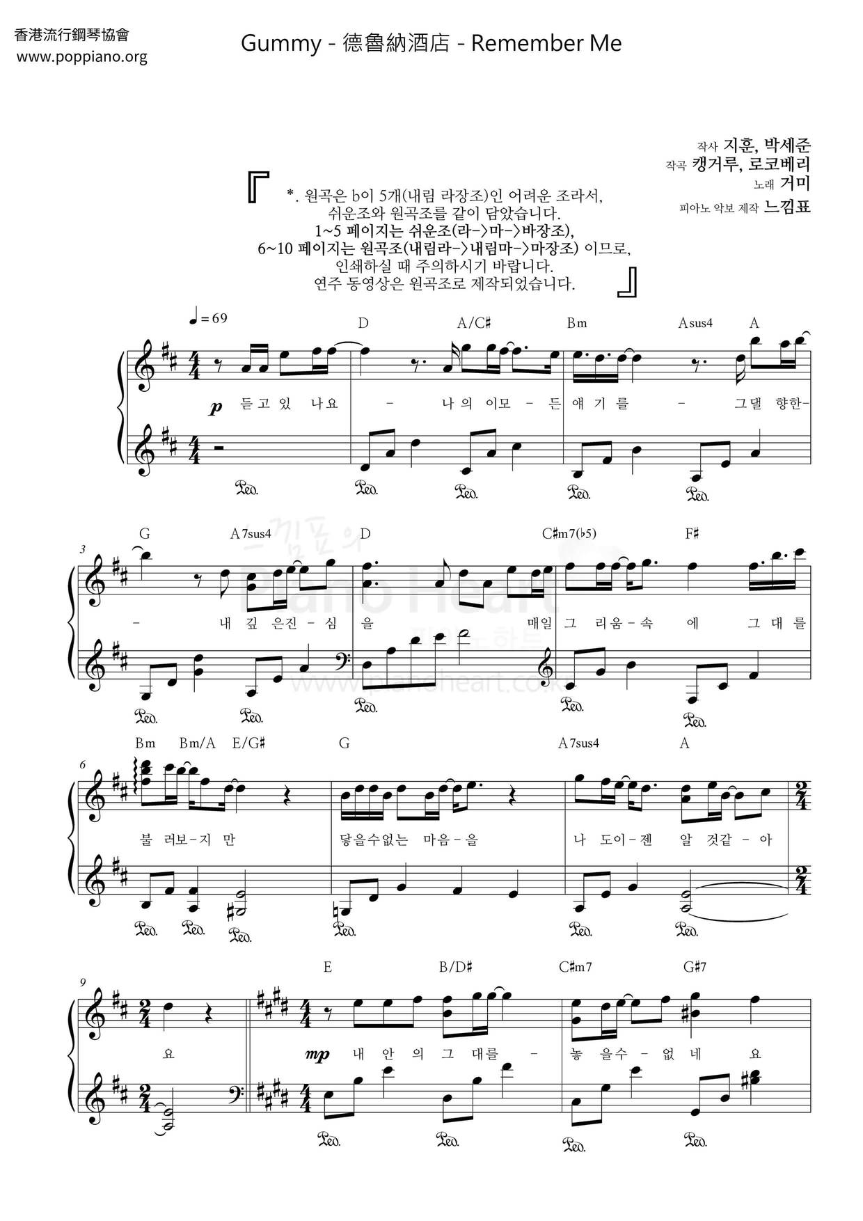 Korean Drama Hotel Del Luna Remember Me Sheet Music Pdf 호텔델루나 악보 楽譜 Free Score Download