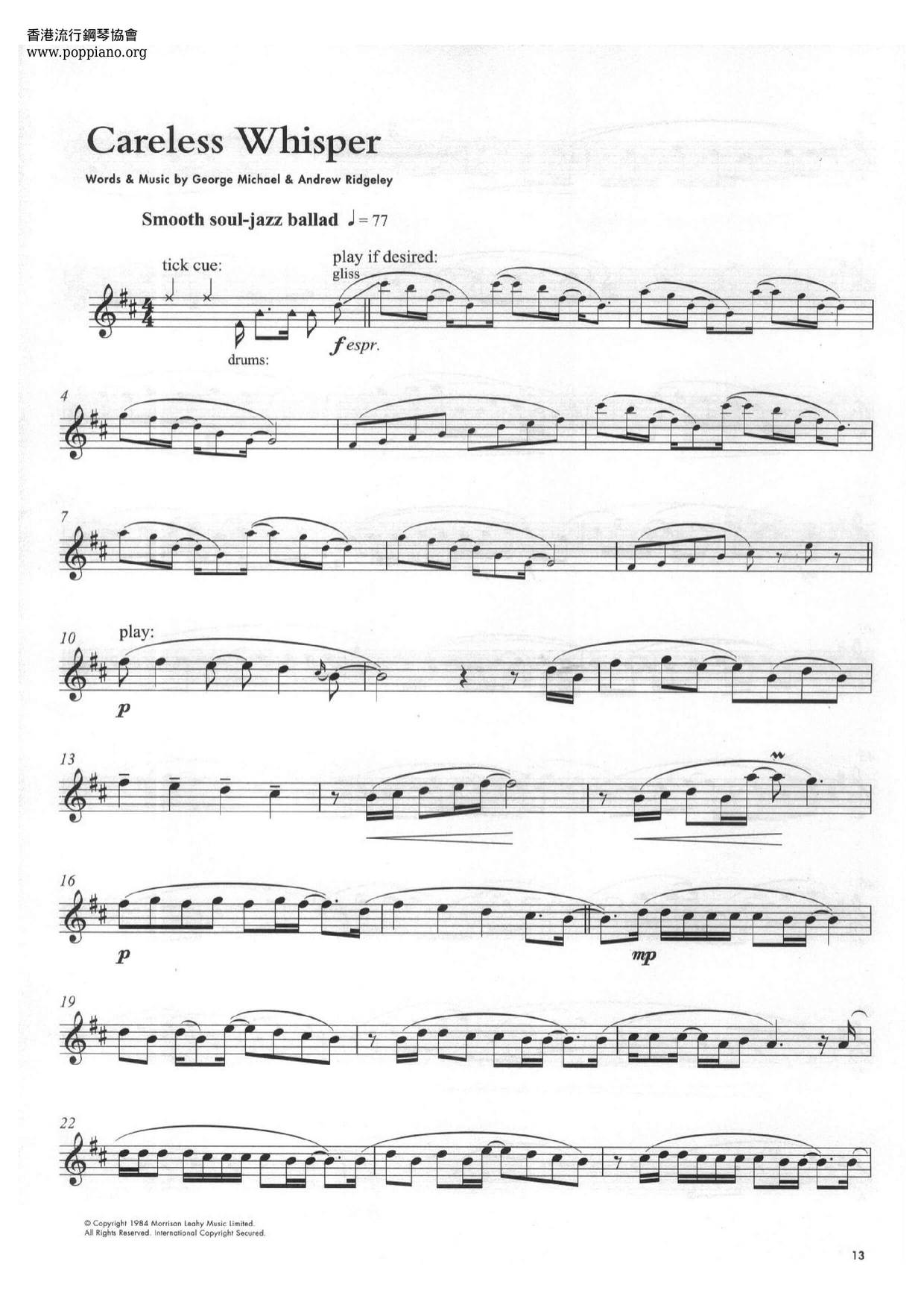 MichaelCareless Whisper Sax Score pdf, Free Score Download ★