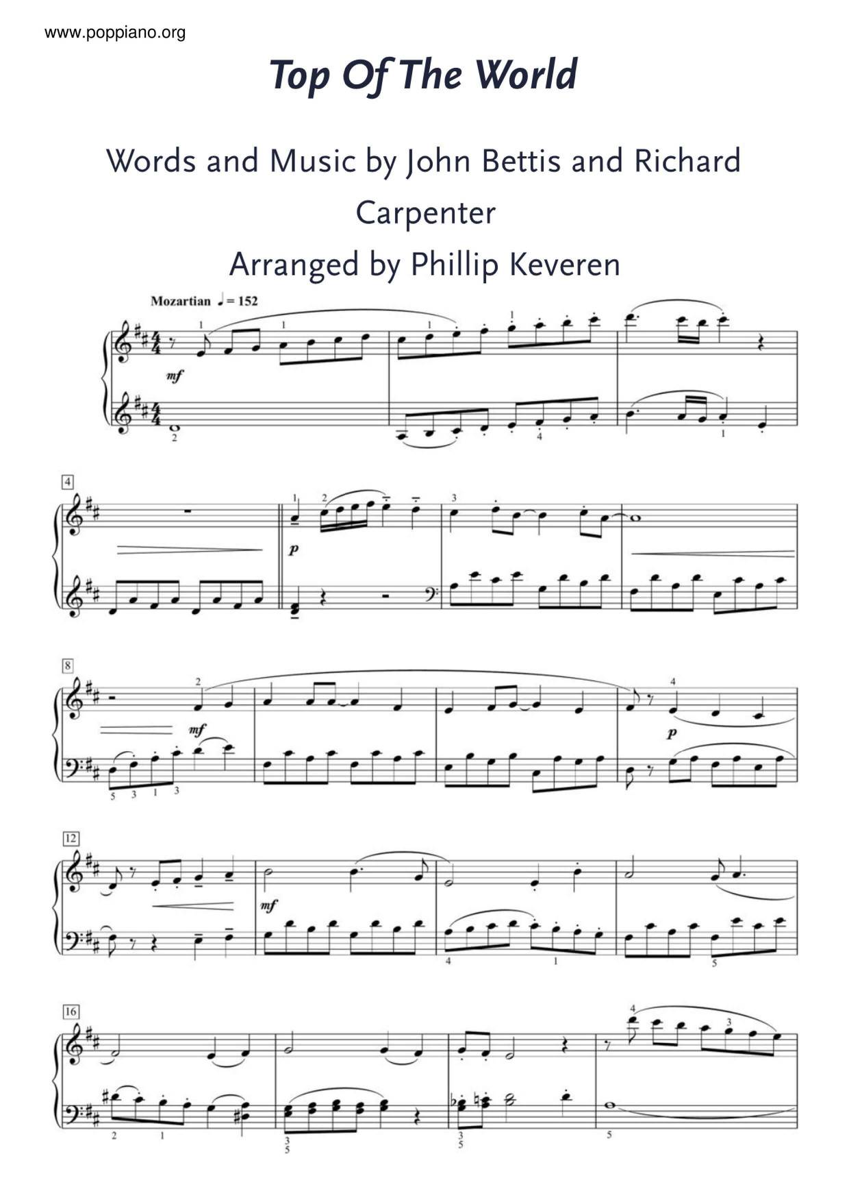 ★カーペンターズ Top Of The World ピアノ譜pdf 香港ポップピアノ協会 無料PDF楽譜ダウンロード gakufu