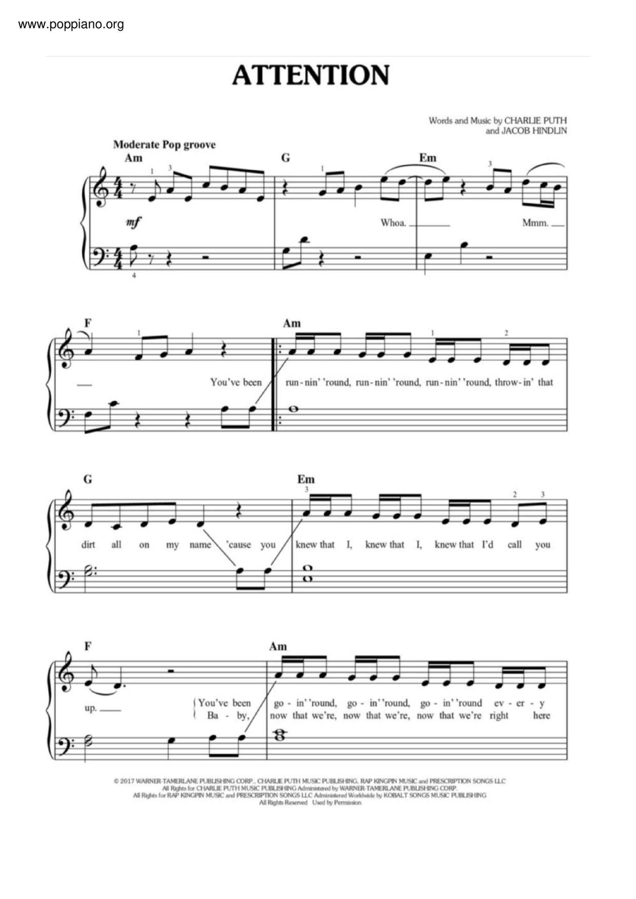 Charlie Puth Attention Sheet Music Pdf Free Score Download - attention charlie puth roblox id