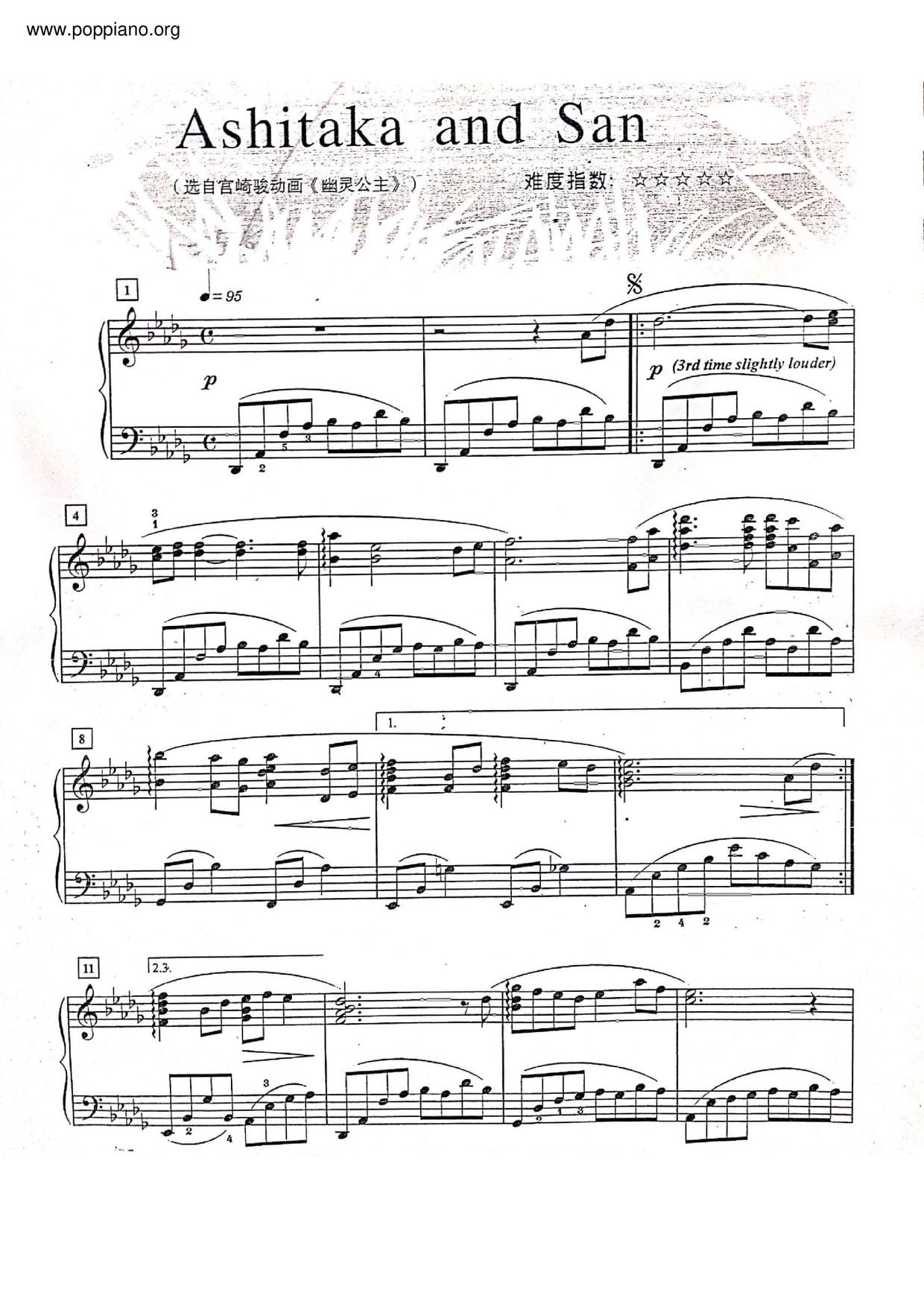 Joe Hisaishi-Princess Mononoke-Ashitaka To San Sheet Music pdf, -アシタカと