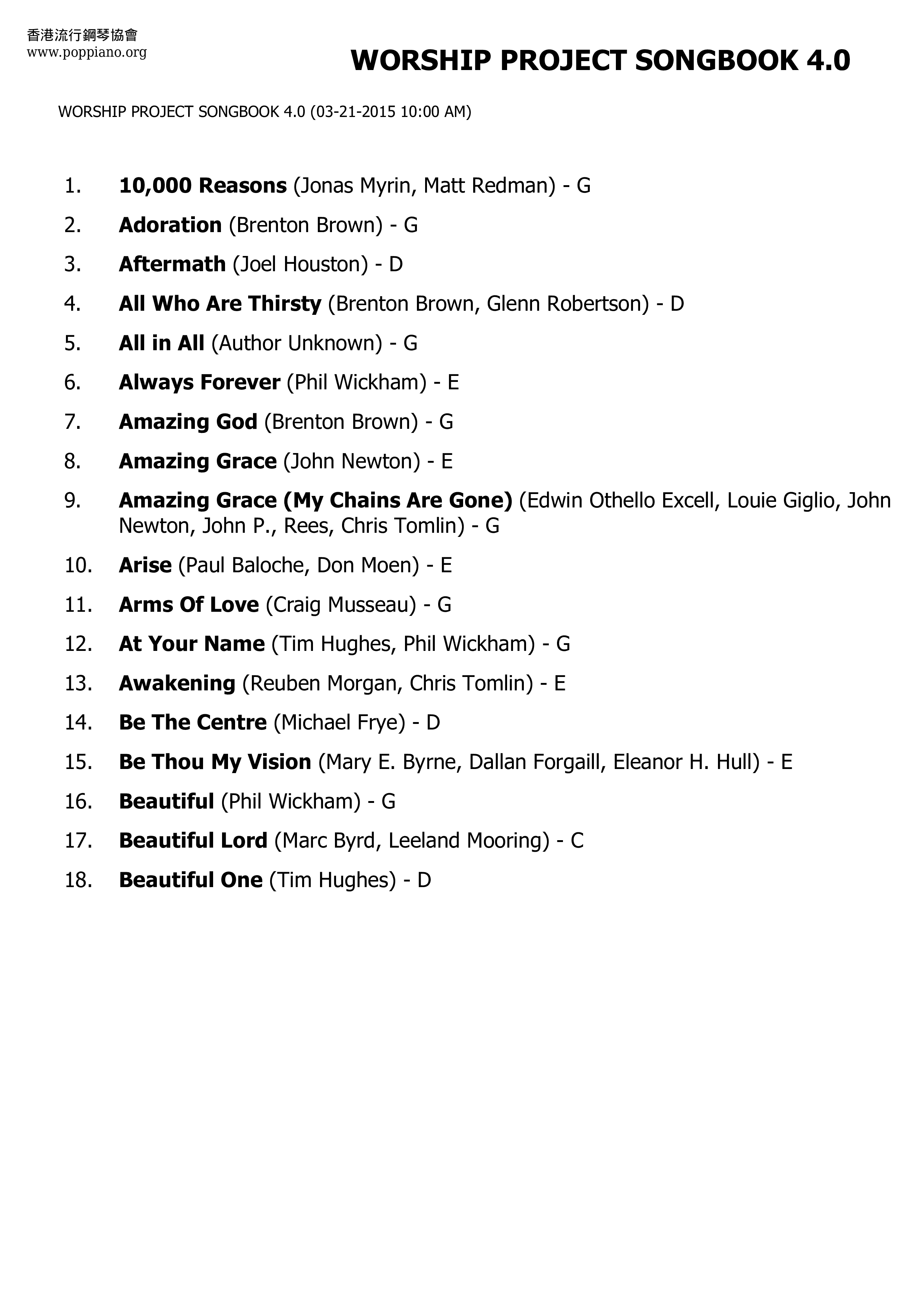 Worship Project Songbook 4.0 237 Pages琴譜