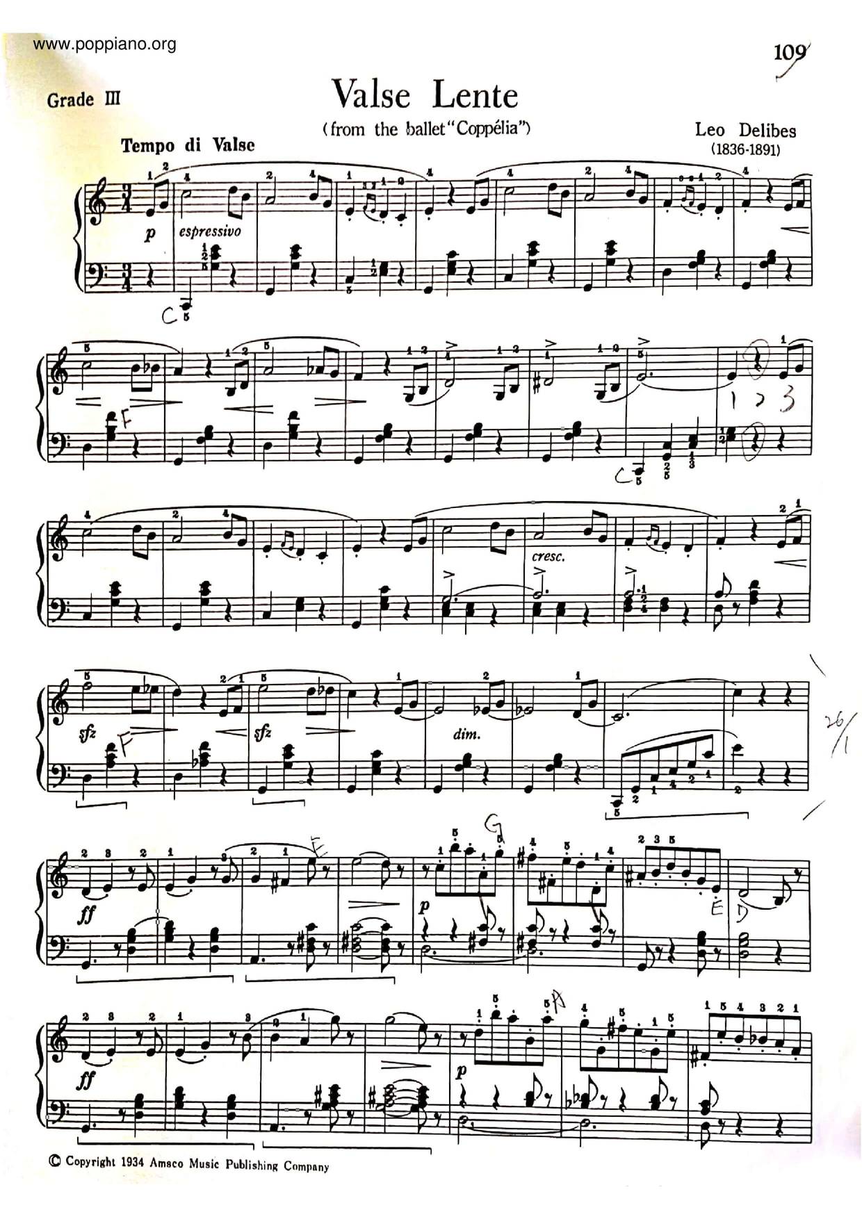 VINTAGE SPARTITO PER PIANOFORTE LEO DELIBES-VALSE LENTE DA "Coppelia" 