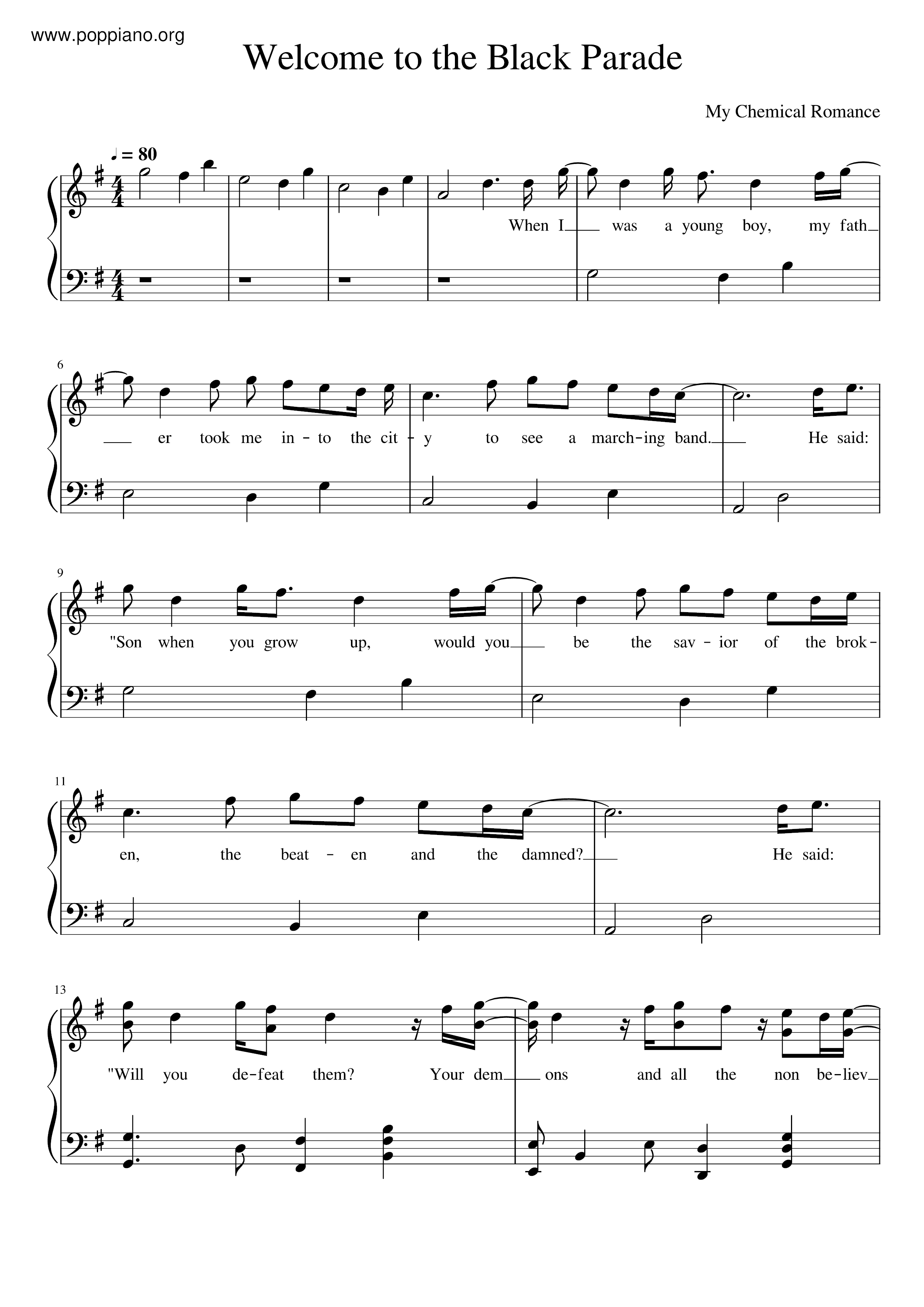 My Chemical Romance Welcome To The Black Parade Sheet Music Pdf Free Score Download
