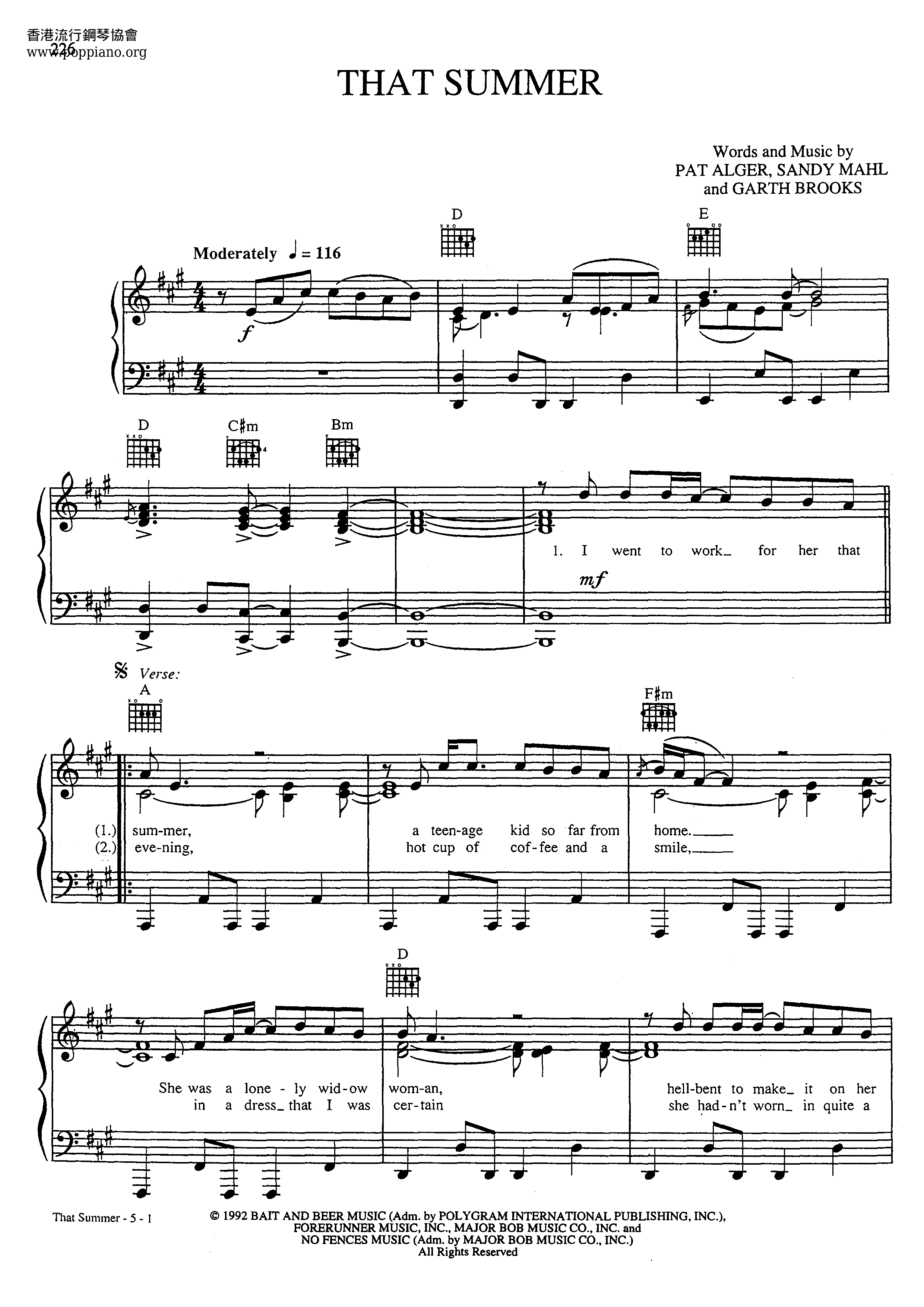 Garth BrooksThat Summer Sheet Music pdf, Free Score