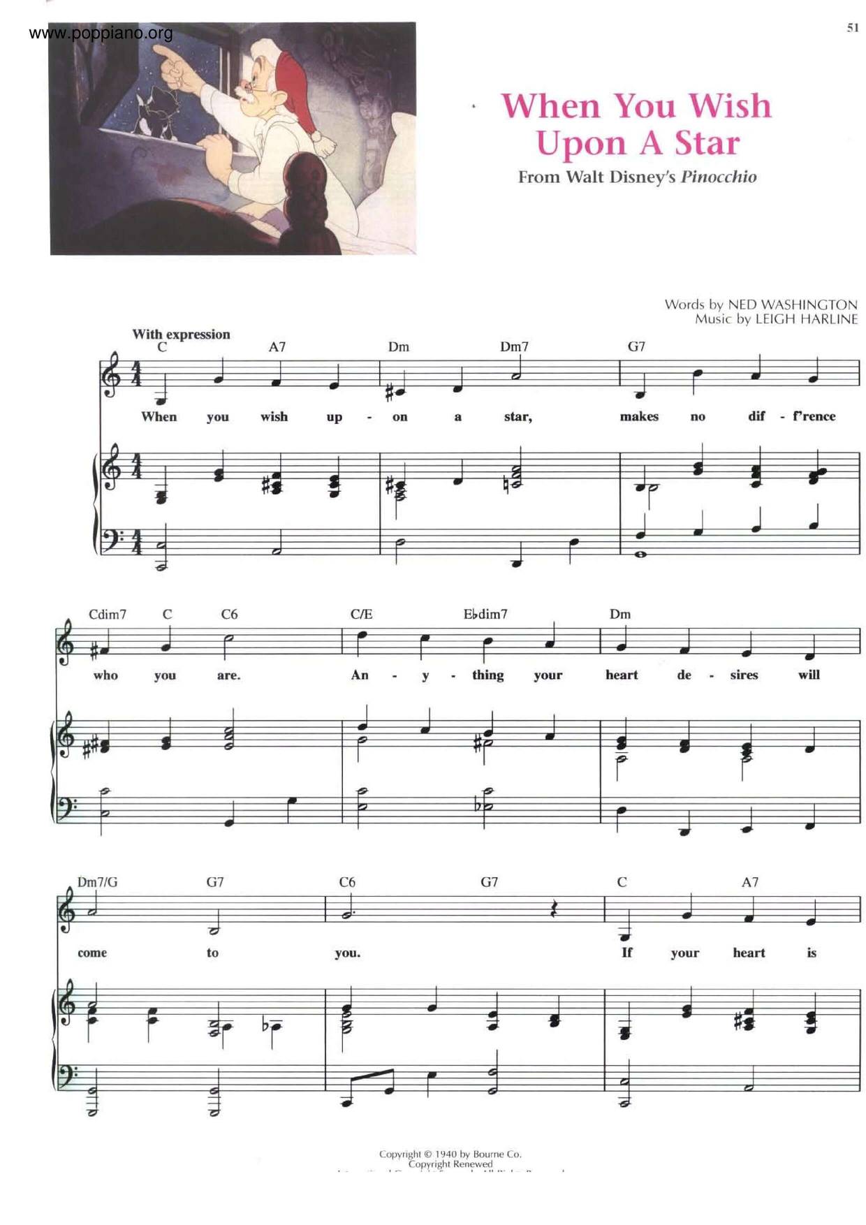 Disney Pinocchio When You Wish Upon A Star Sheet Music Pdf 星に願いを 楽譜 ディズニー Free Score Download