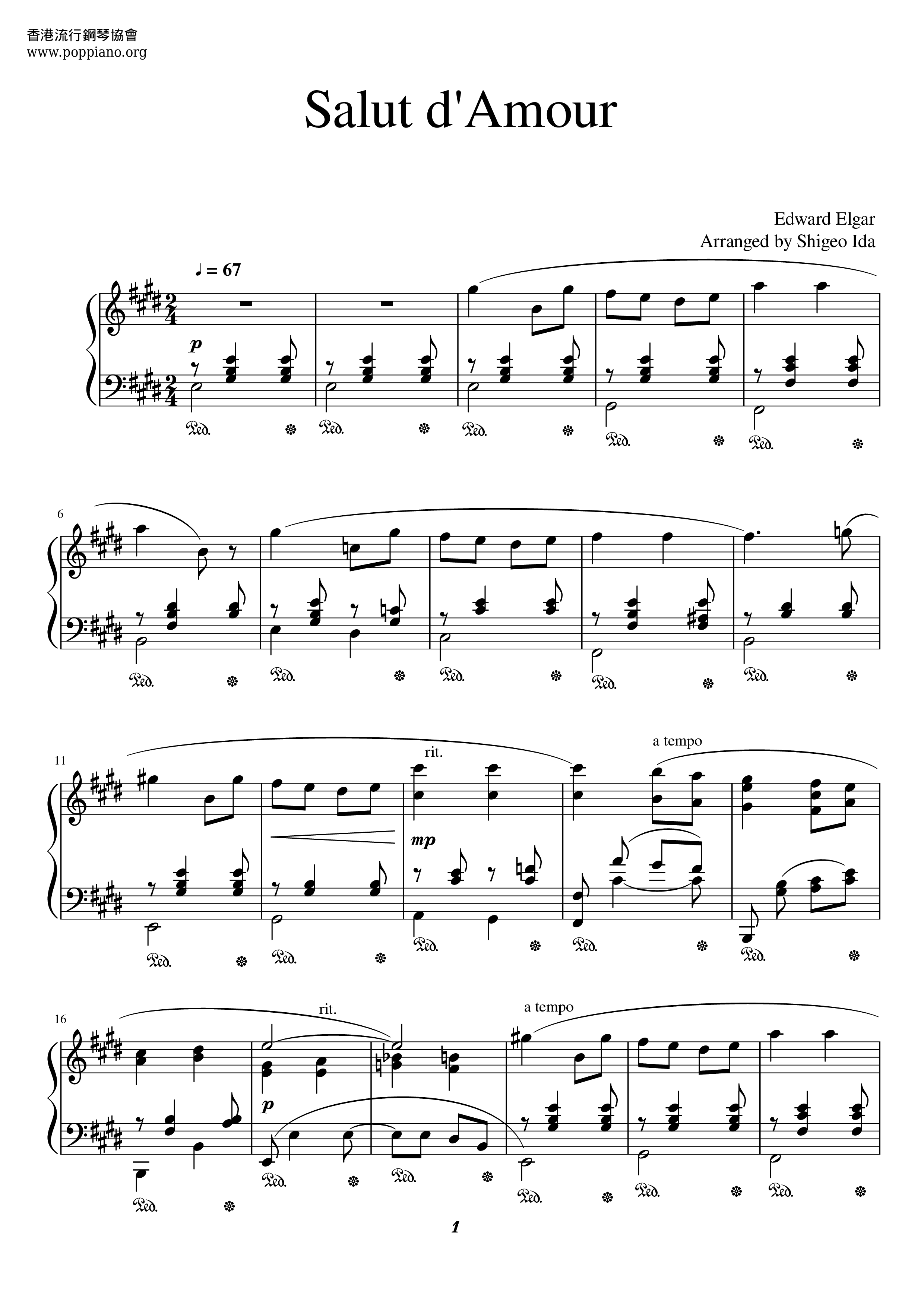 Edward ElgarSalut D'Amour 爱的礼赞 琴谱/五线谱pdf香港流行钢琴协会琴谱下载 ★