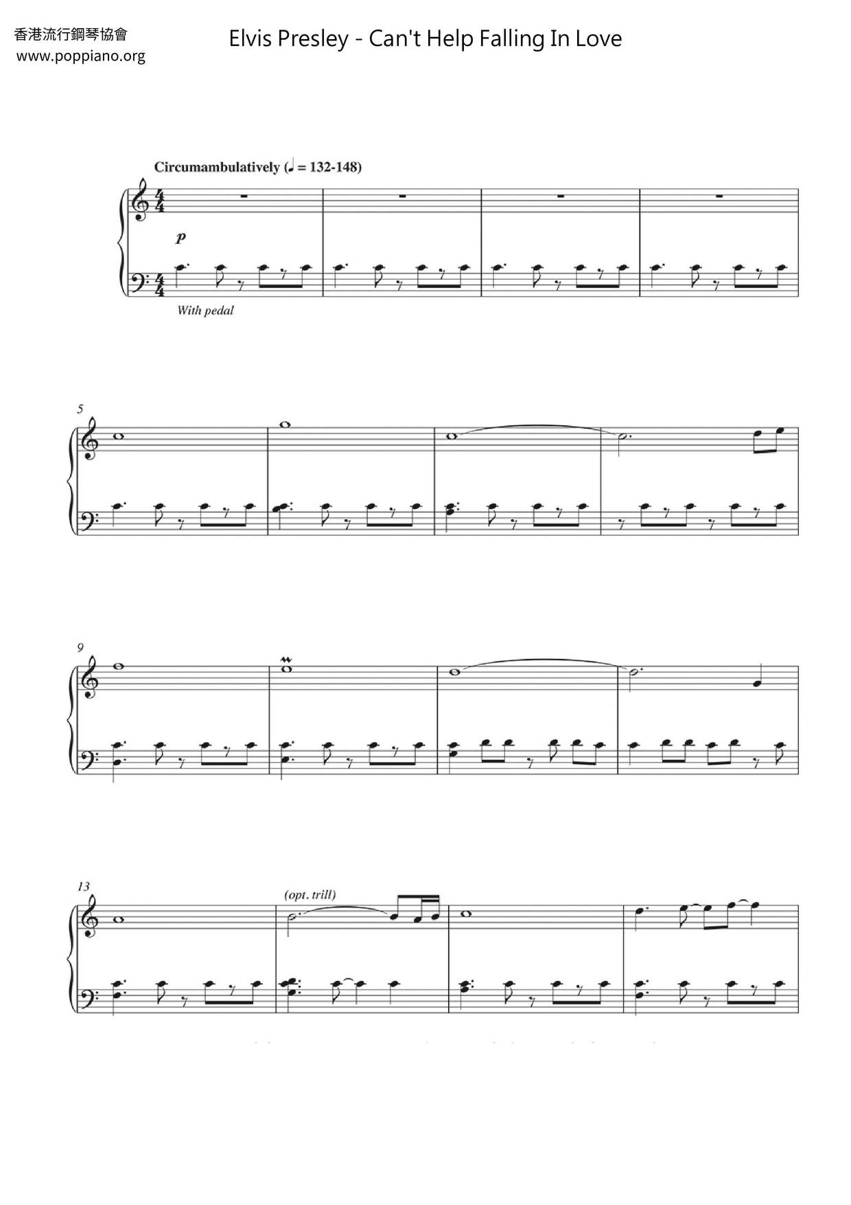 Can't Help Falling In Love琴譜