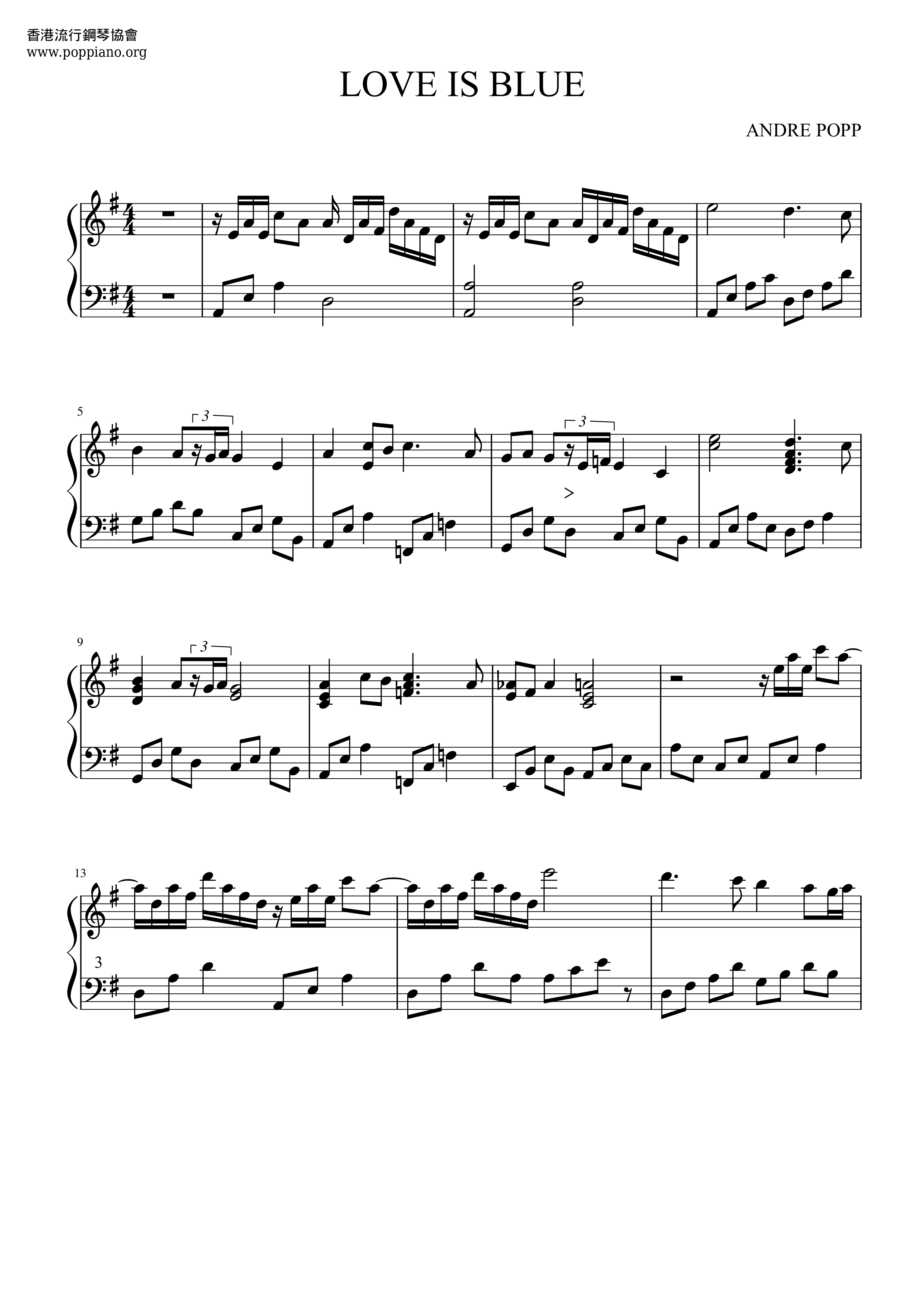Love Is Blue PDF琴譜免費下載 香港流行鋼琴協會 ★