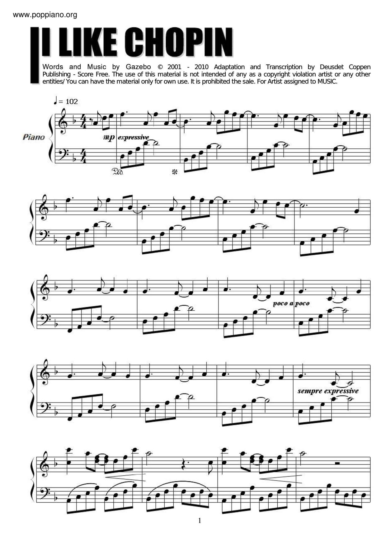Gazebo I Like Chopin Sheet Music Pdf Free Score Download