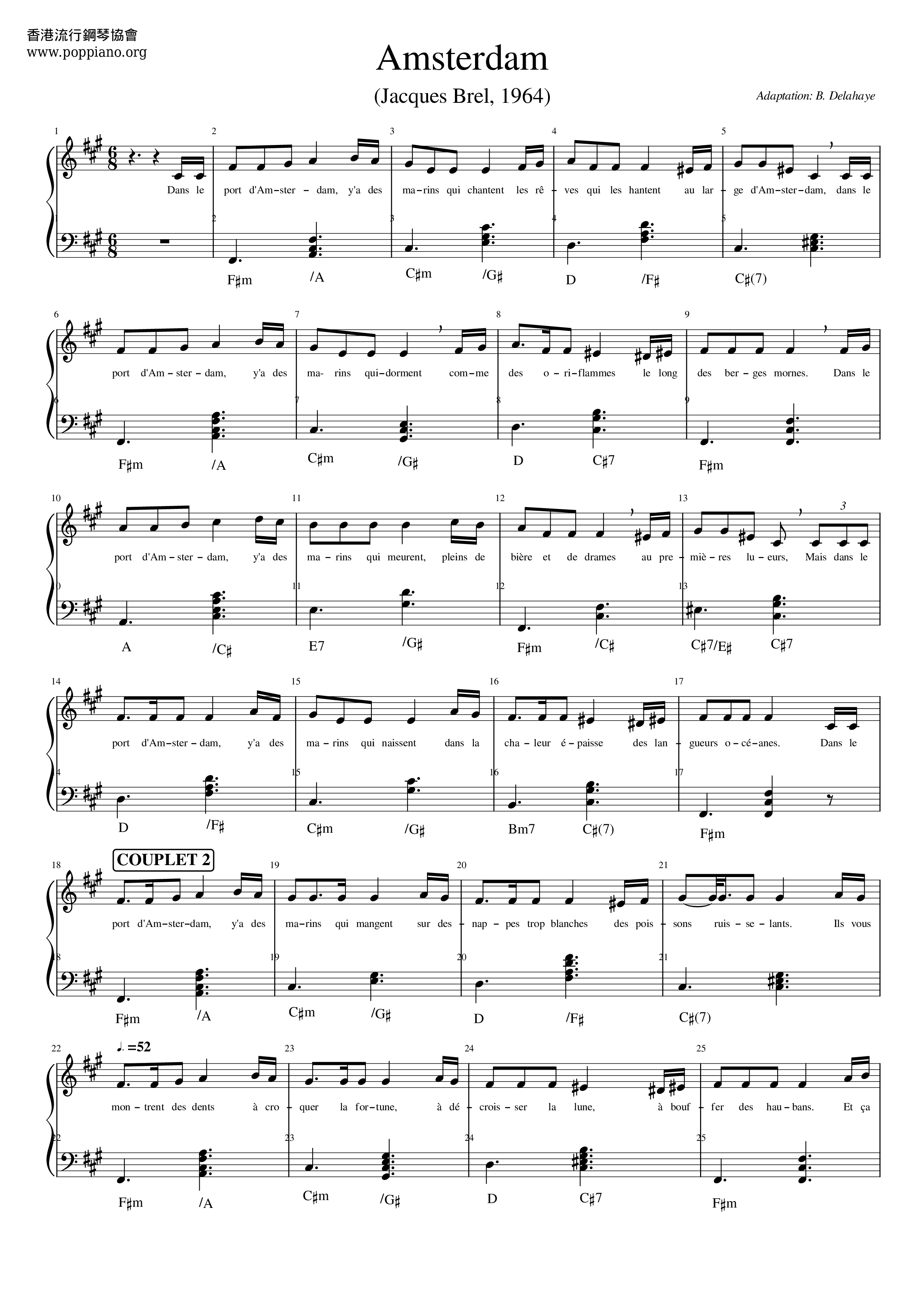 Jacques BrelAmsterdam Sheet Music pdf, Free Score Download ★ Jacques BrelAmsterdam Sheet Music pdf, Free Score Download ★