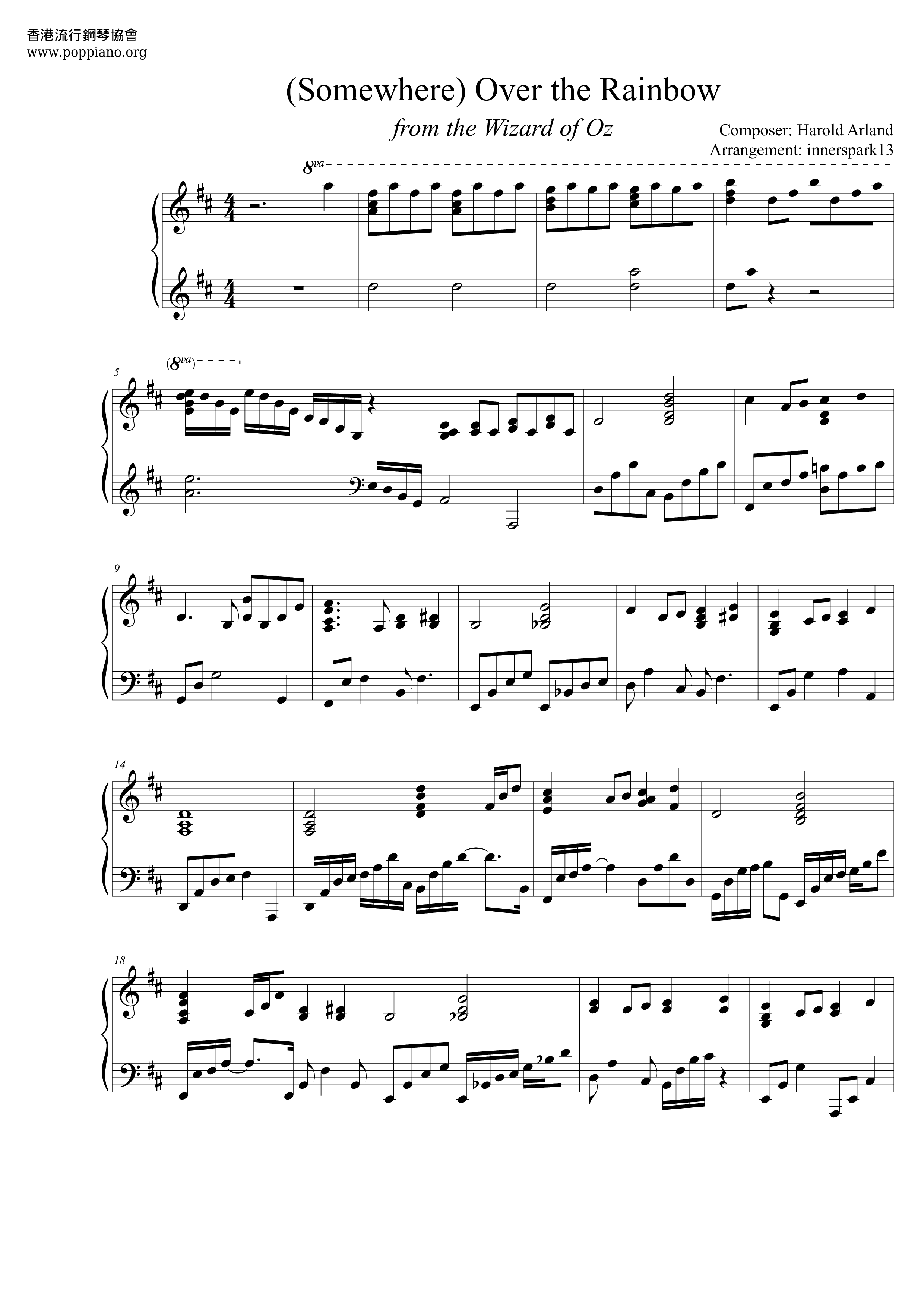 Harold Arlen Somewhere Over The Rainbow Sheet Music Pdf Free Score Download