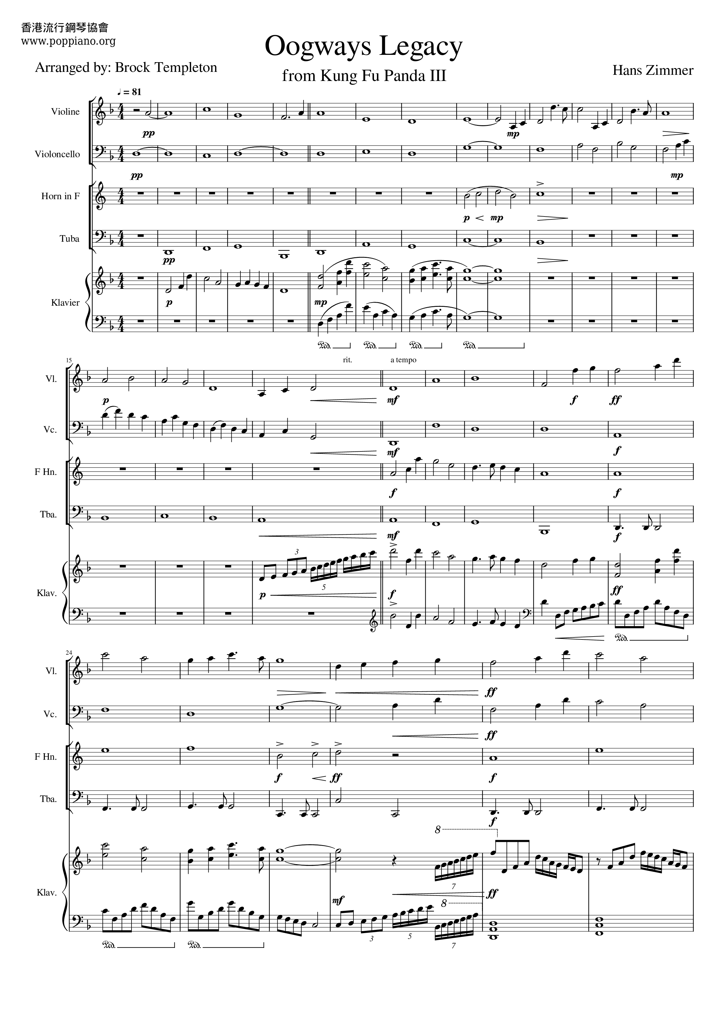 Hans ZimmerKung Fu Panda 3 Oogways Legacy Full Score pdf, Free