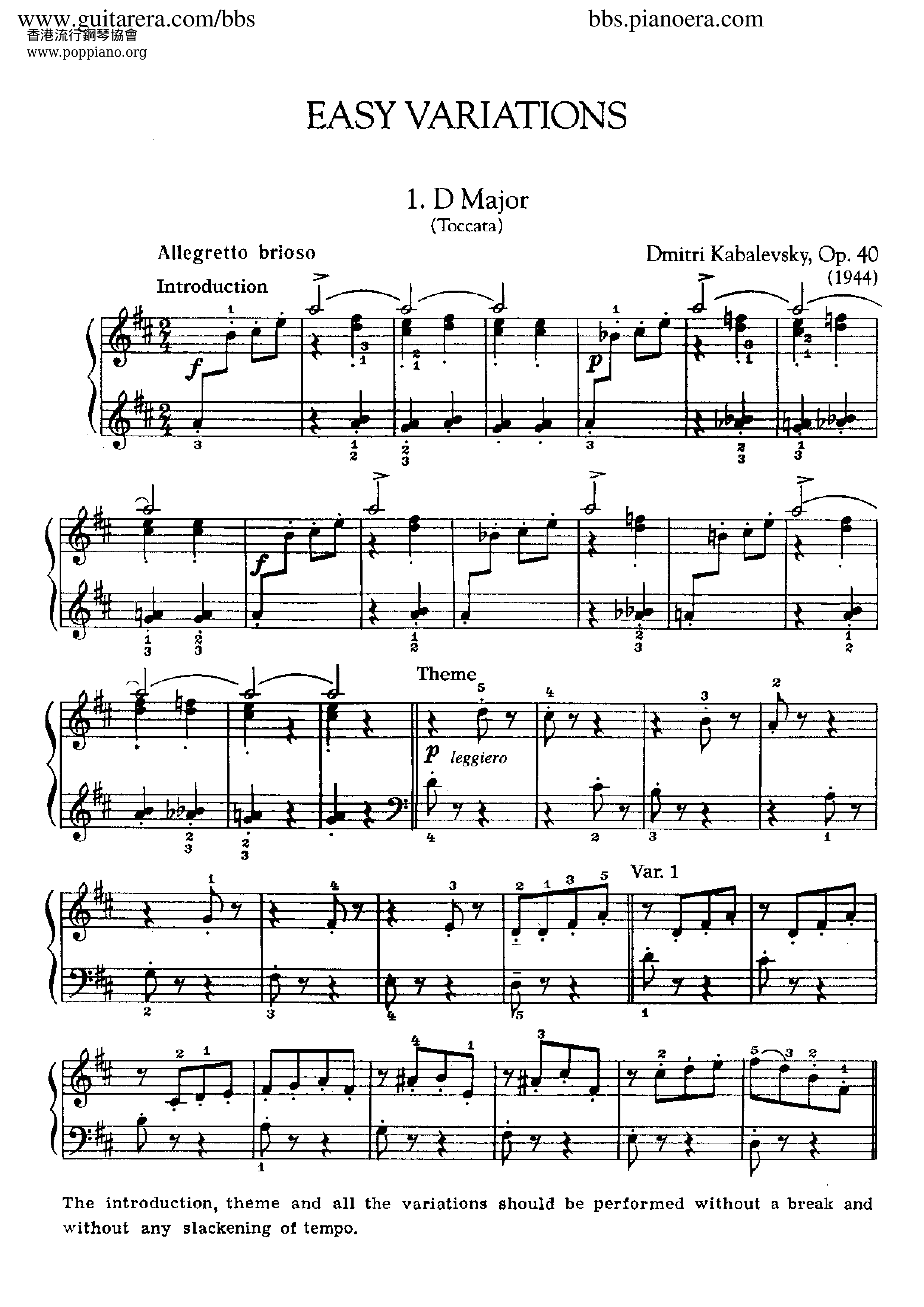 Easy Variations op. 40 in D Majorピアノ譜