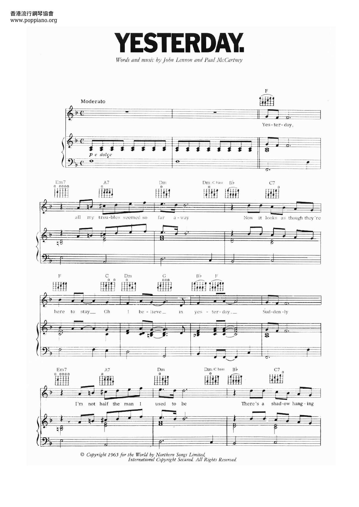 Yesterday Beatles Piano Sheet Music