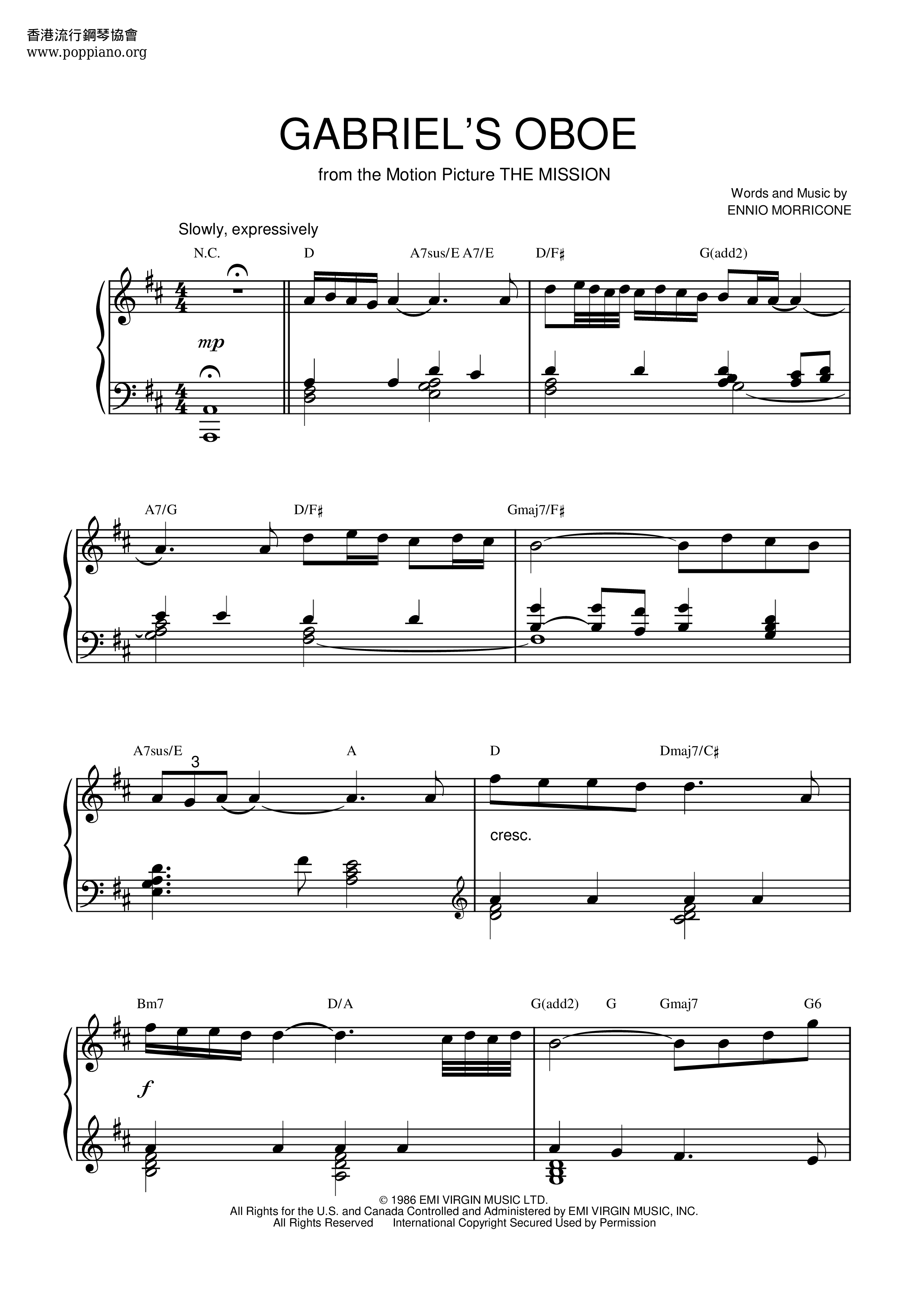 Ennio Morricone Gabriel S Oboe Sheet Music Pdf Ã¨ã³ããª Ã¢ãªã³ã¼ã Free Score Download