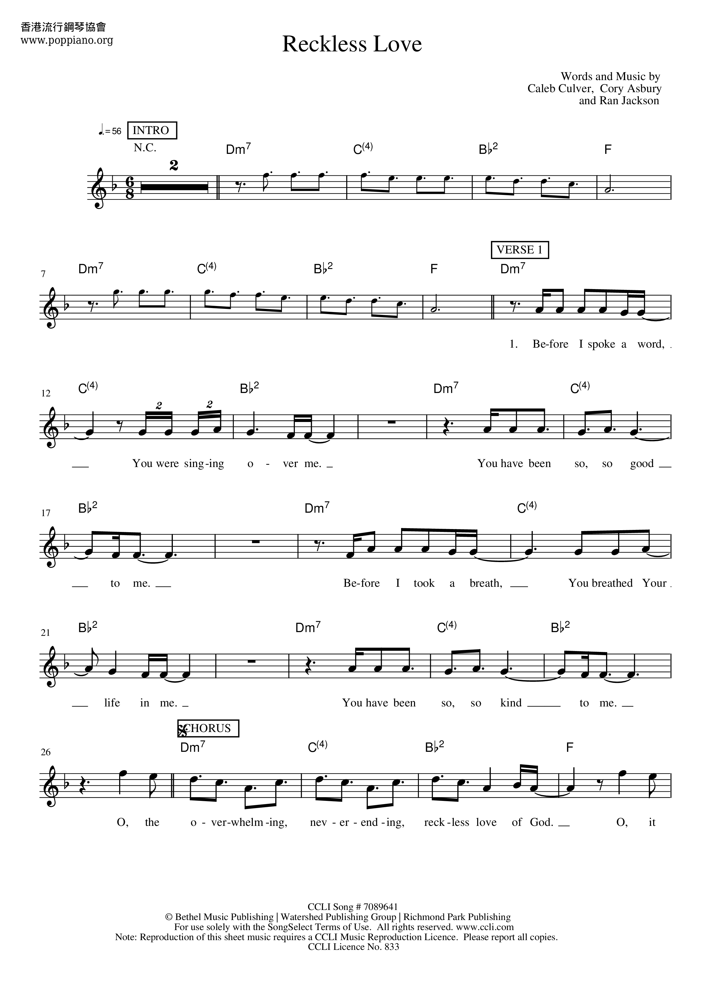  reckless love sheet music pdf free score download