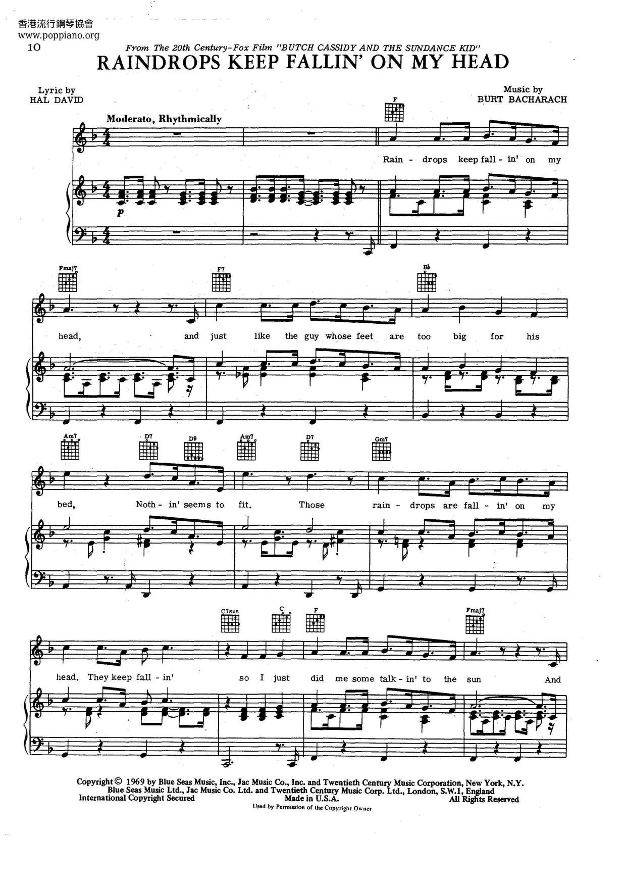 Andy Williams Raindrops Keep Fallin On My Head Sheet Music Pdf Free Score Download
