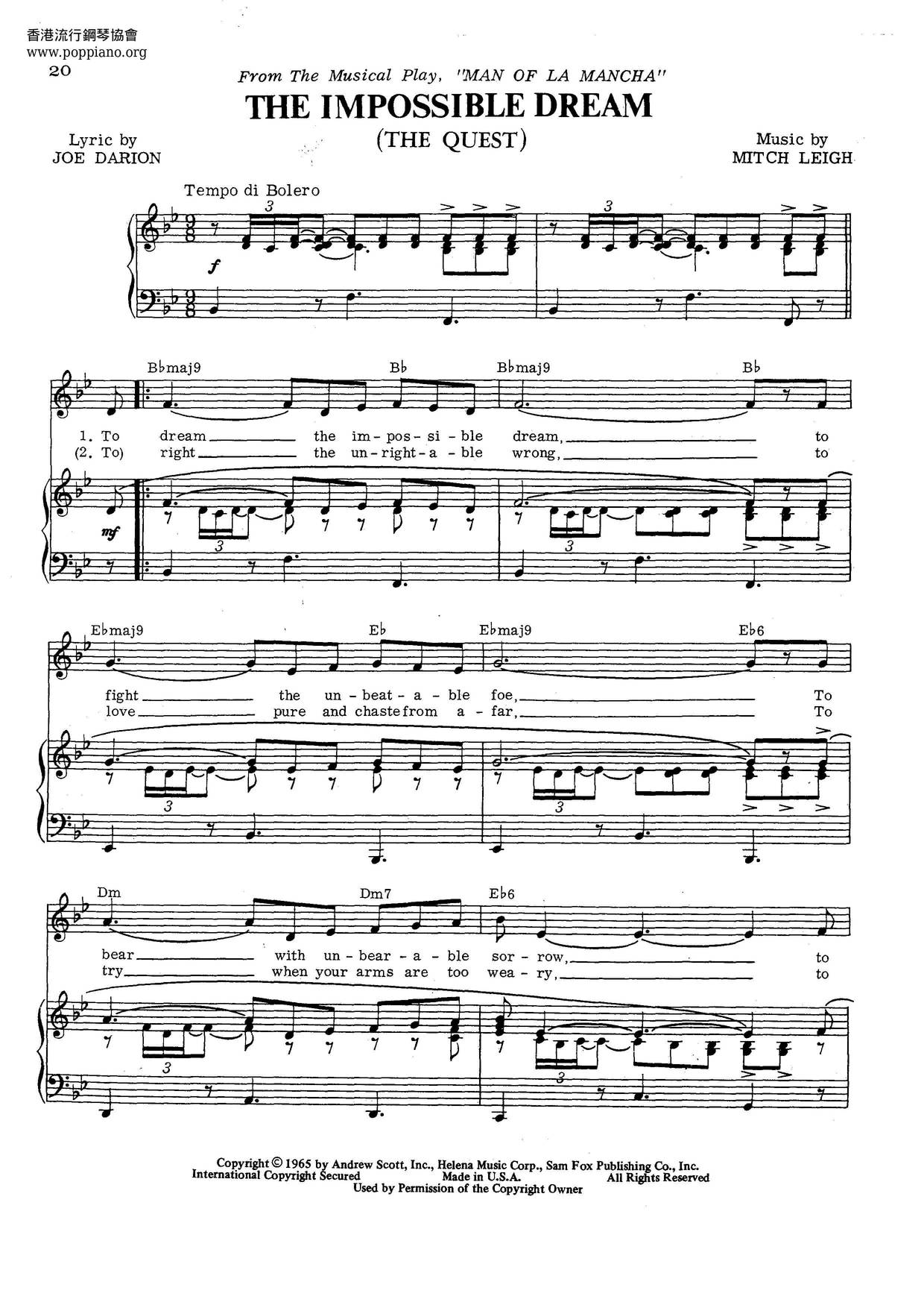 Andy Williams The Impossible Dream Sheet Music Pdf Free Score Download