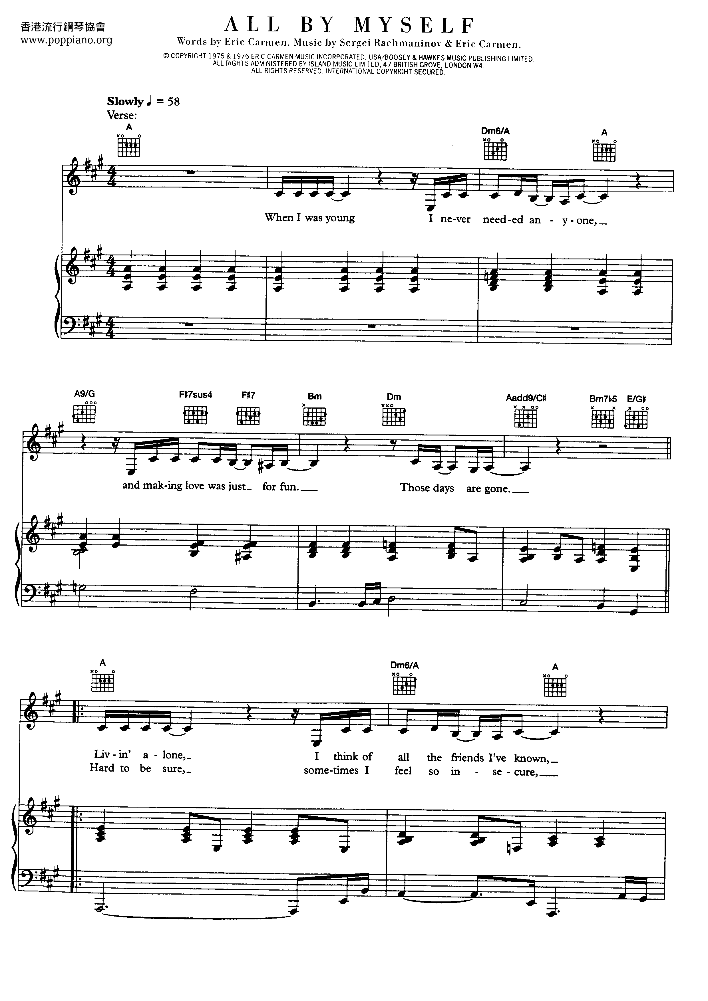 Eric Carmen-All By Myself Sheet Music pdf, - Free Score Download ★