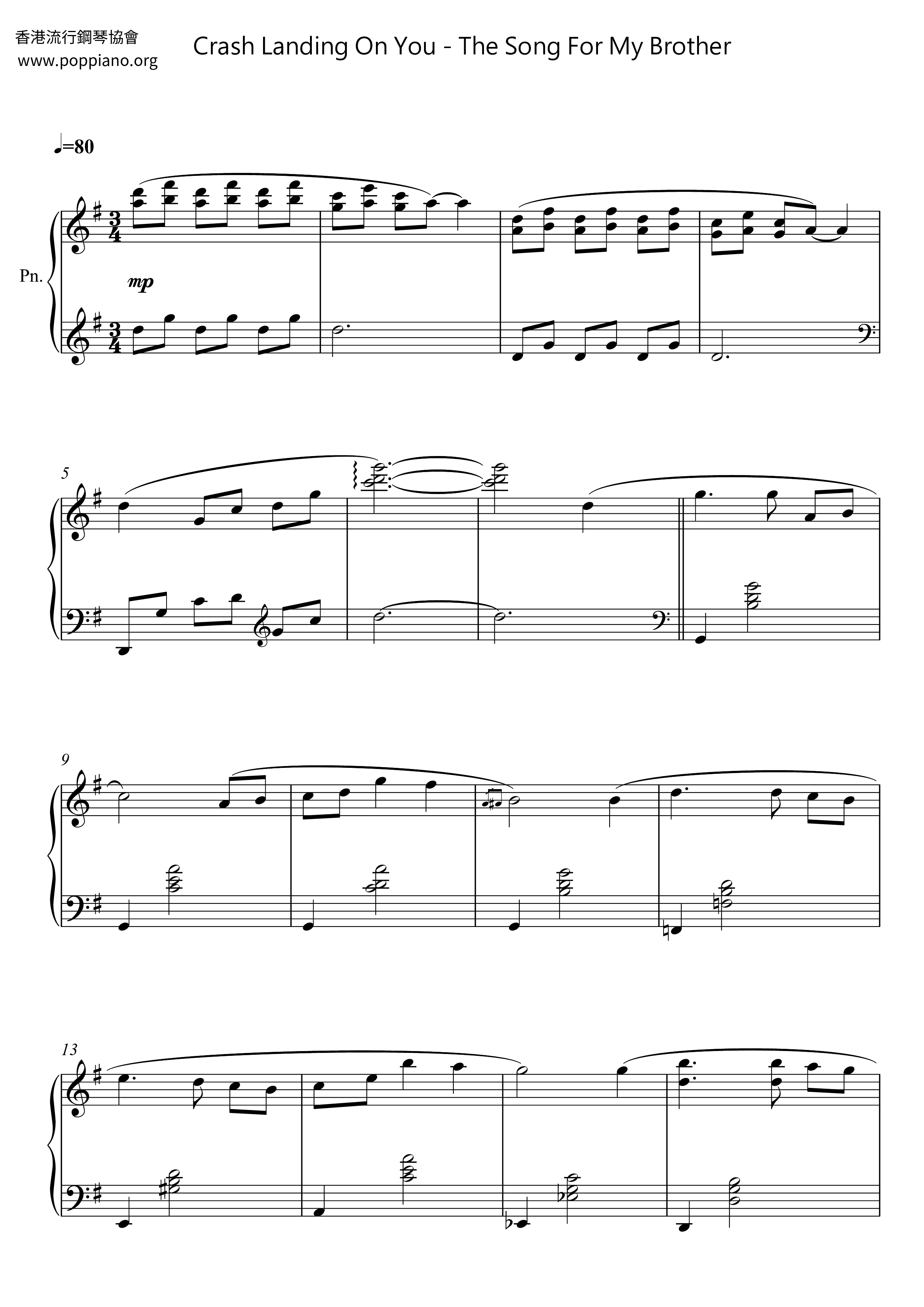 Crash Landing On You The Song For My Brother Sheet Music / Piano