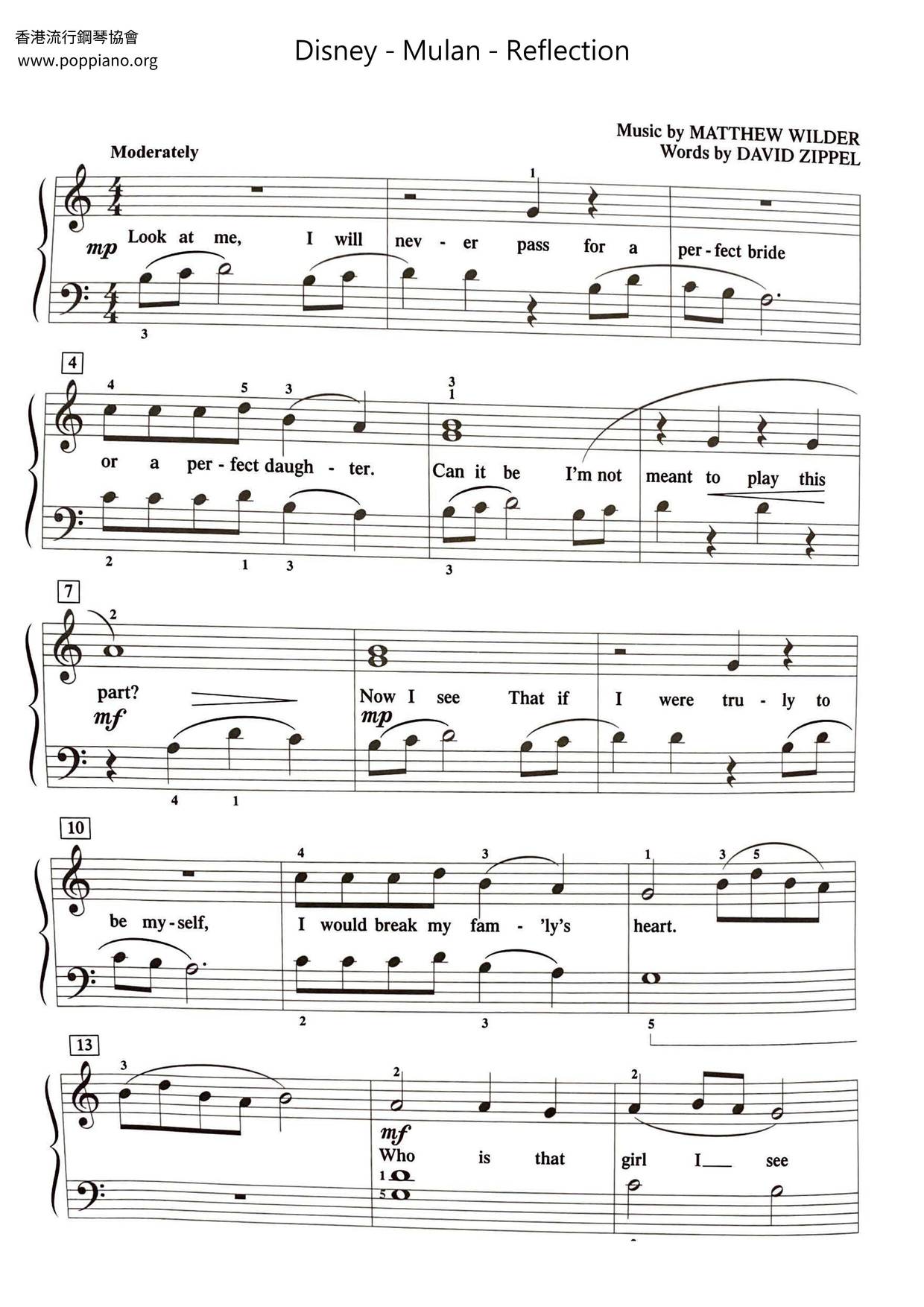 Christina Aguilera-Mulan - Reflection Sheet Music pdf, - Free Score