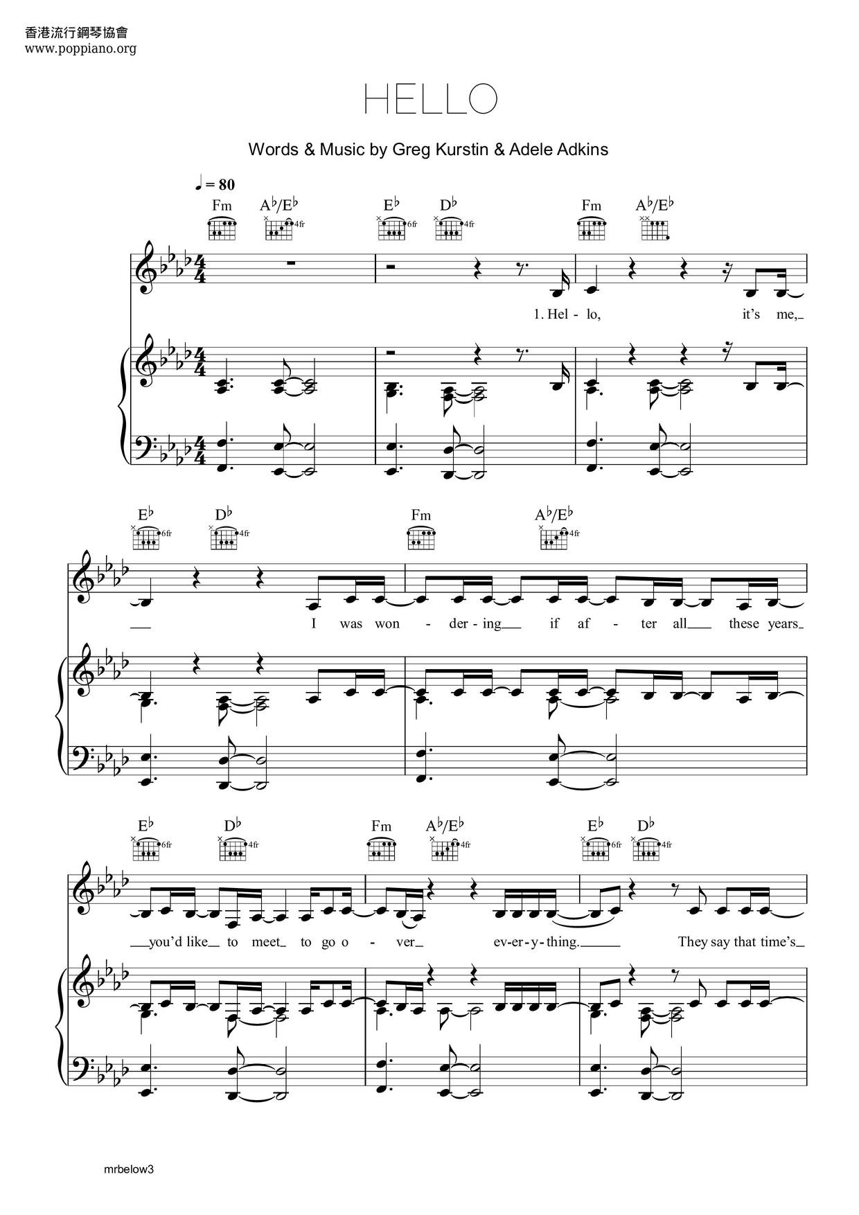 adele hello(琴谱)