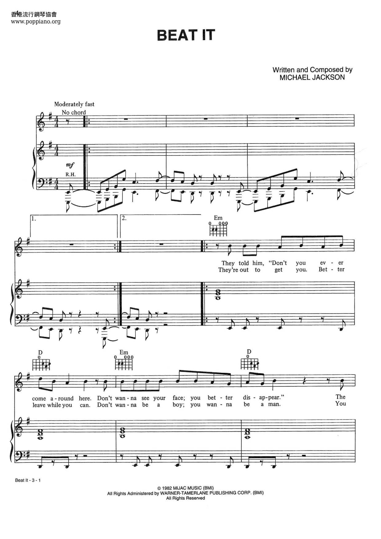 Michael Jackson Beat It ピアノ譜pdf 香港ポップピアノ協会 無料pdf楽譜ダウンロード Gakufu