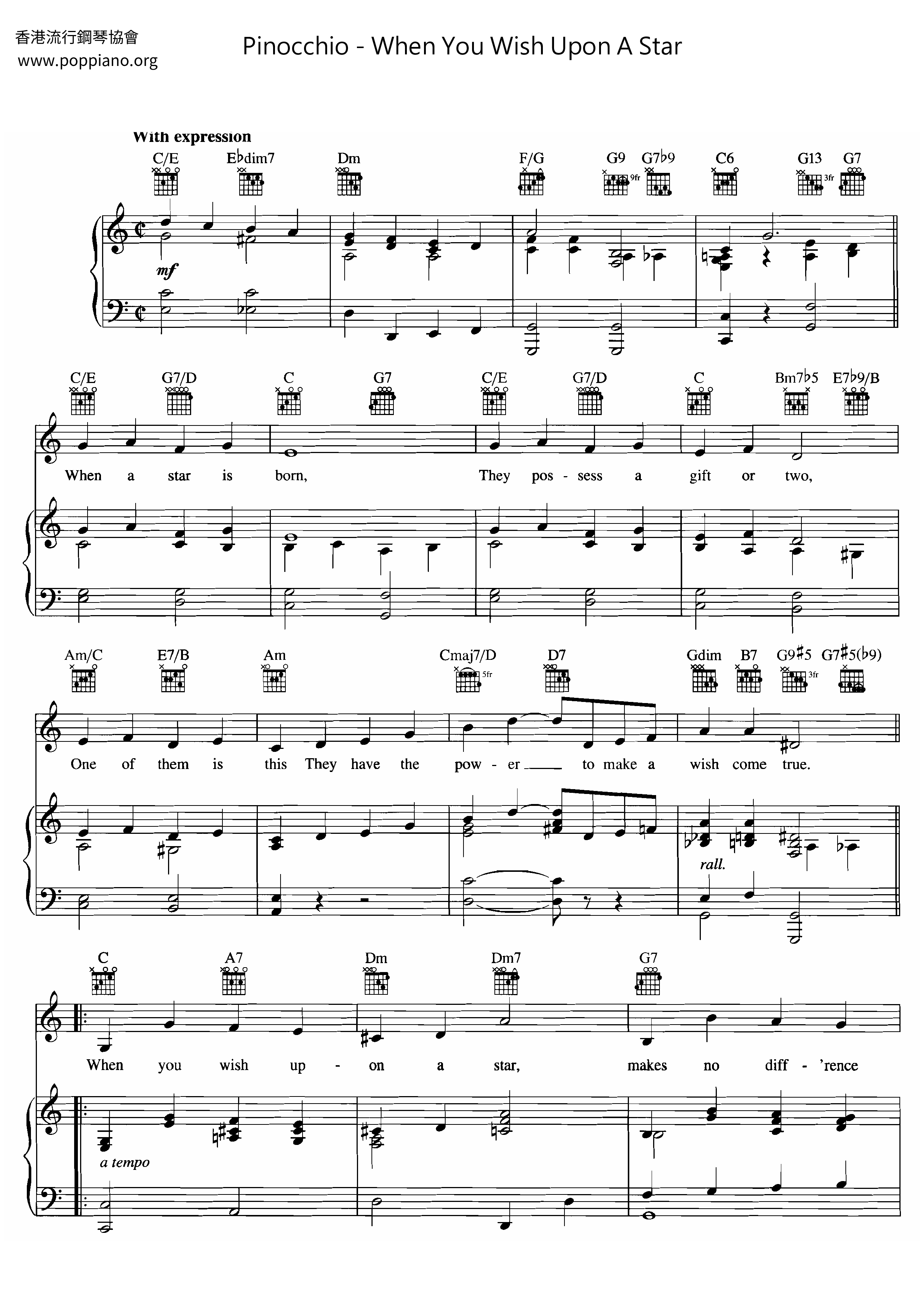 Disney Pinocchio When You Wish Upon A Star Sheet Music Pdf 星に願いを 楽譜 ディズニー Free Score Download