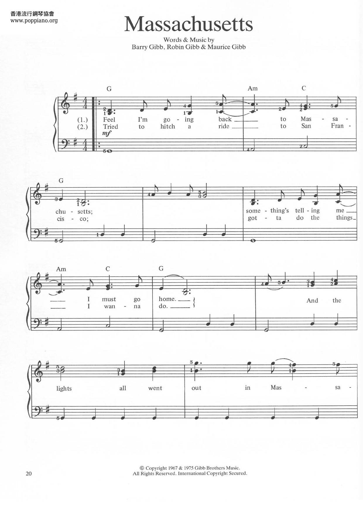 Bee GeesMassachusetts Sheet Music pdf, Free Score Download ★