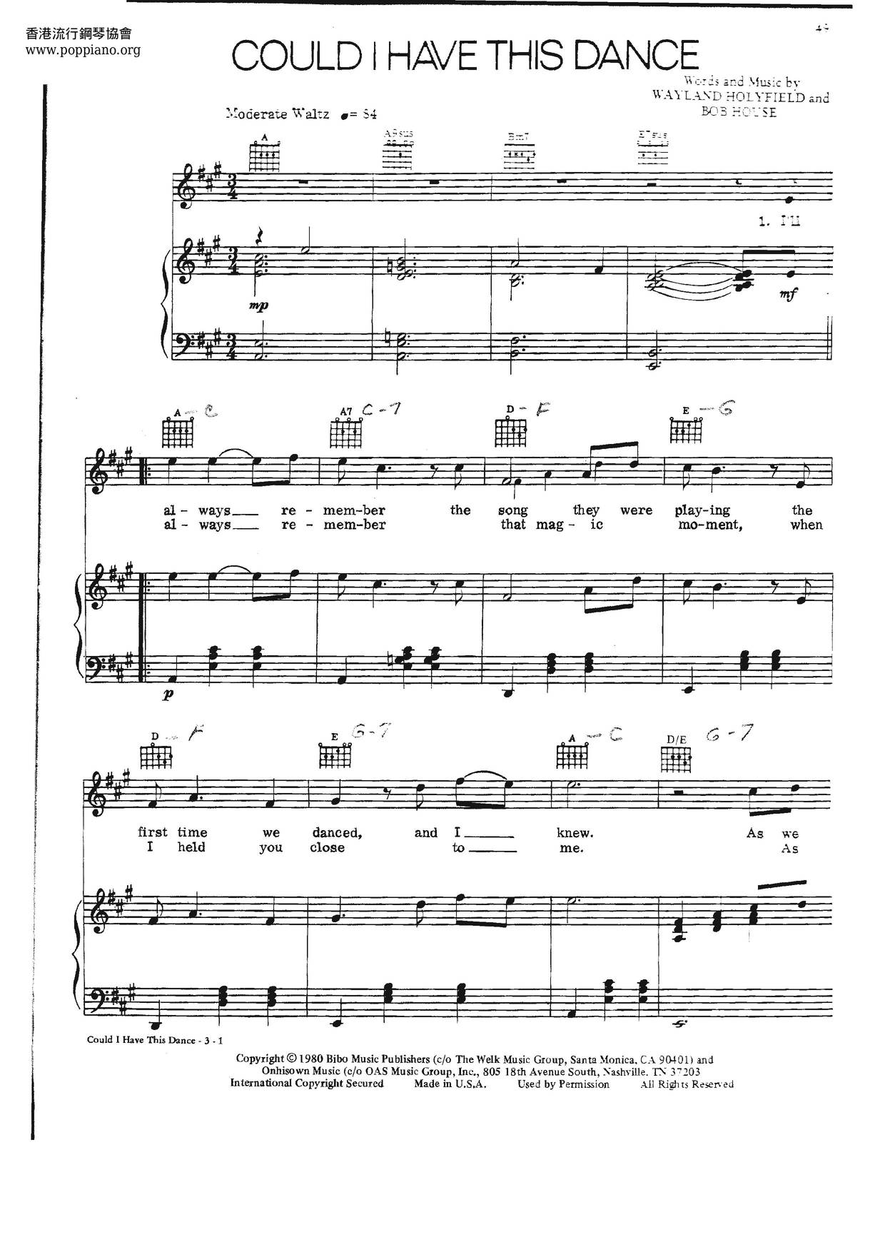 Anne Murray Could I Have This Dance Sheet Music Pdf Free Score Download