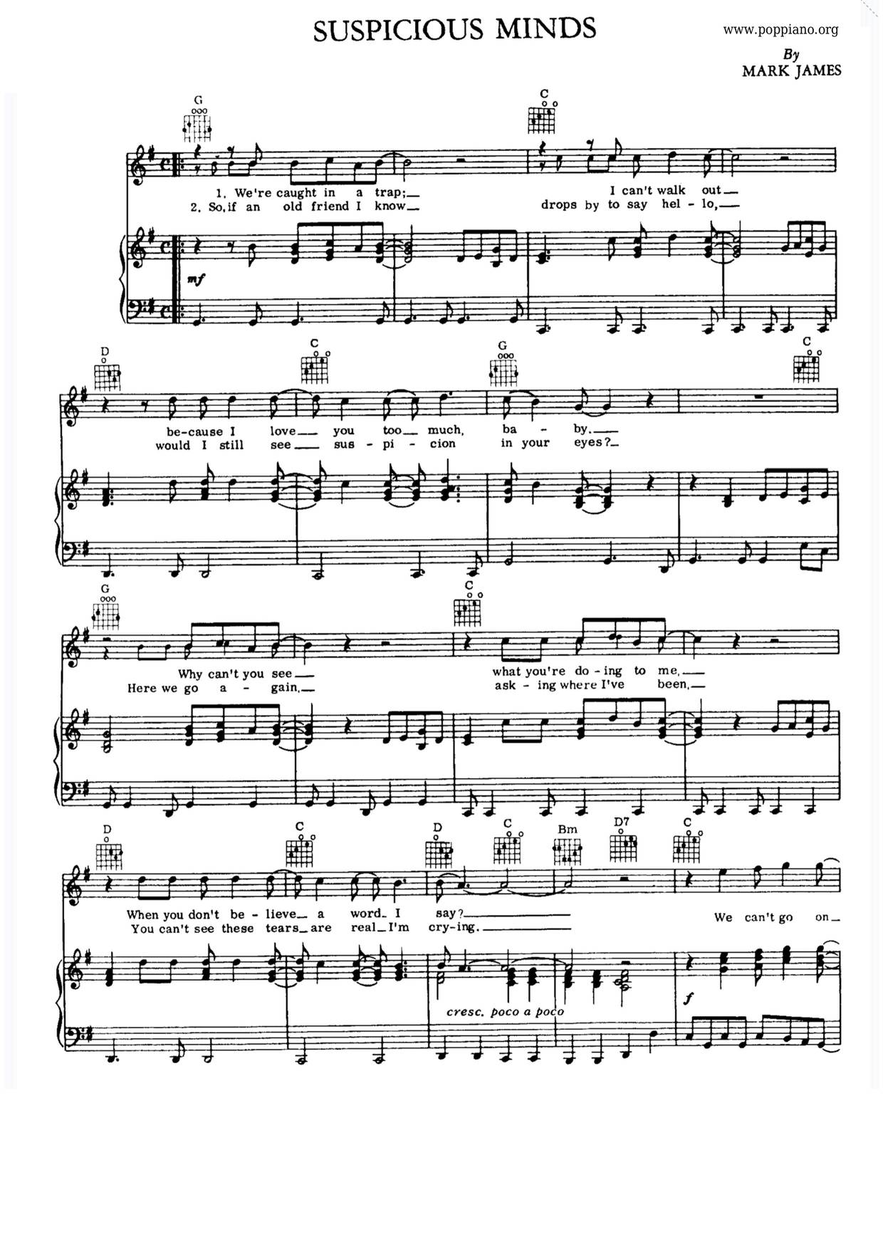 Elvis presley suspicious minds sheet music pdf free score download 