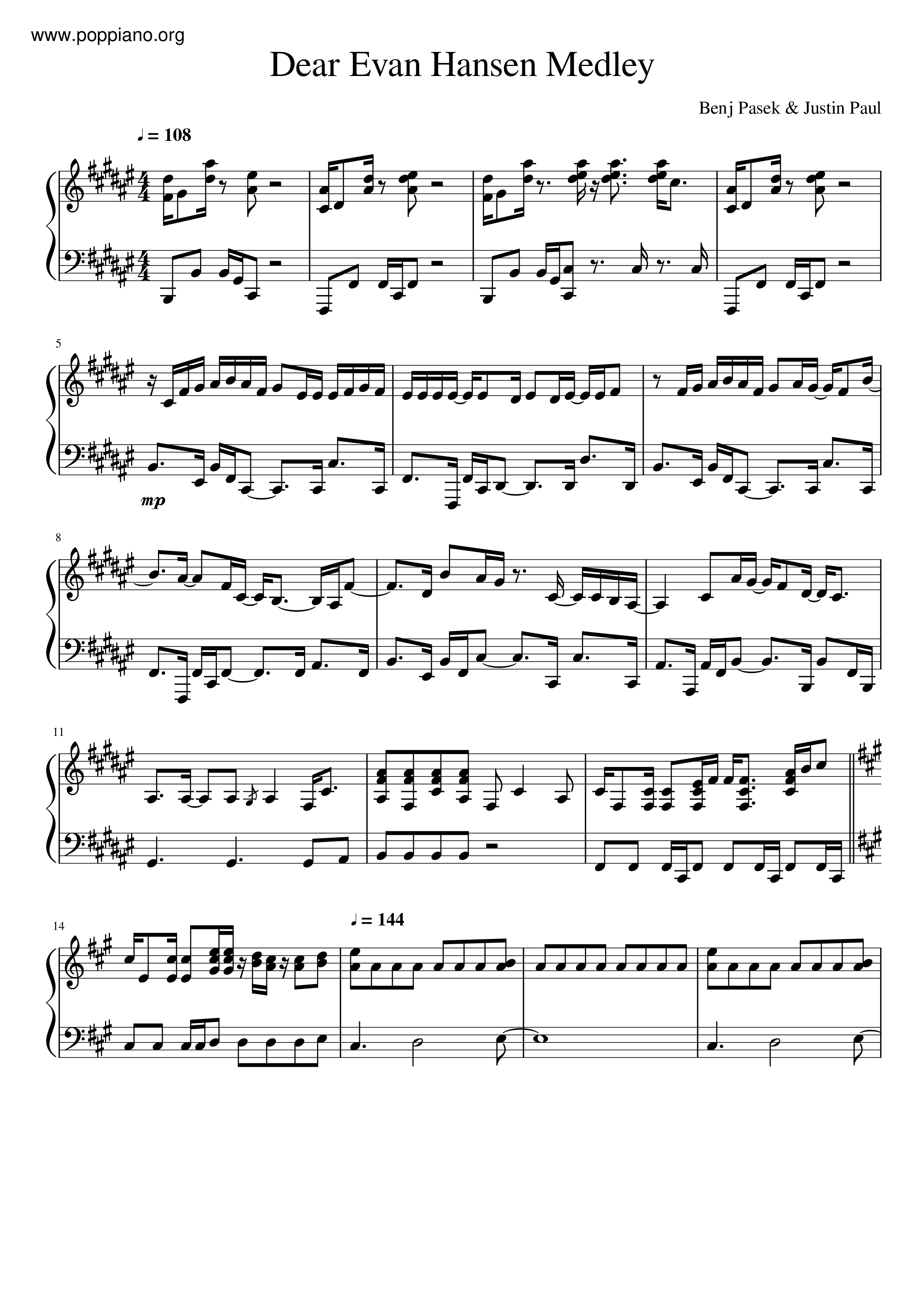 Pasek And PaulDear Evan Hansen Medley Sheet Music pdf, Free Score