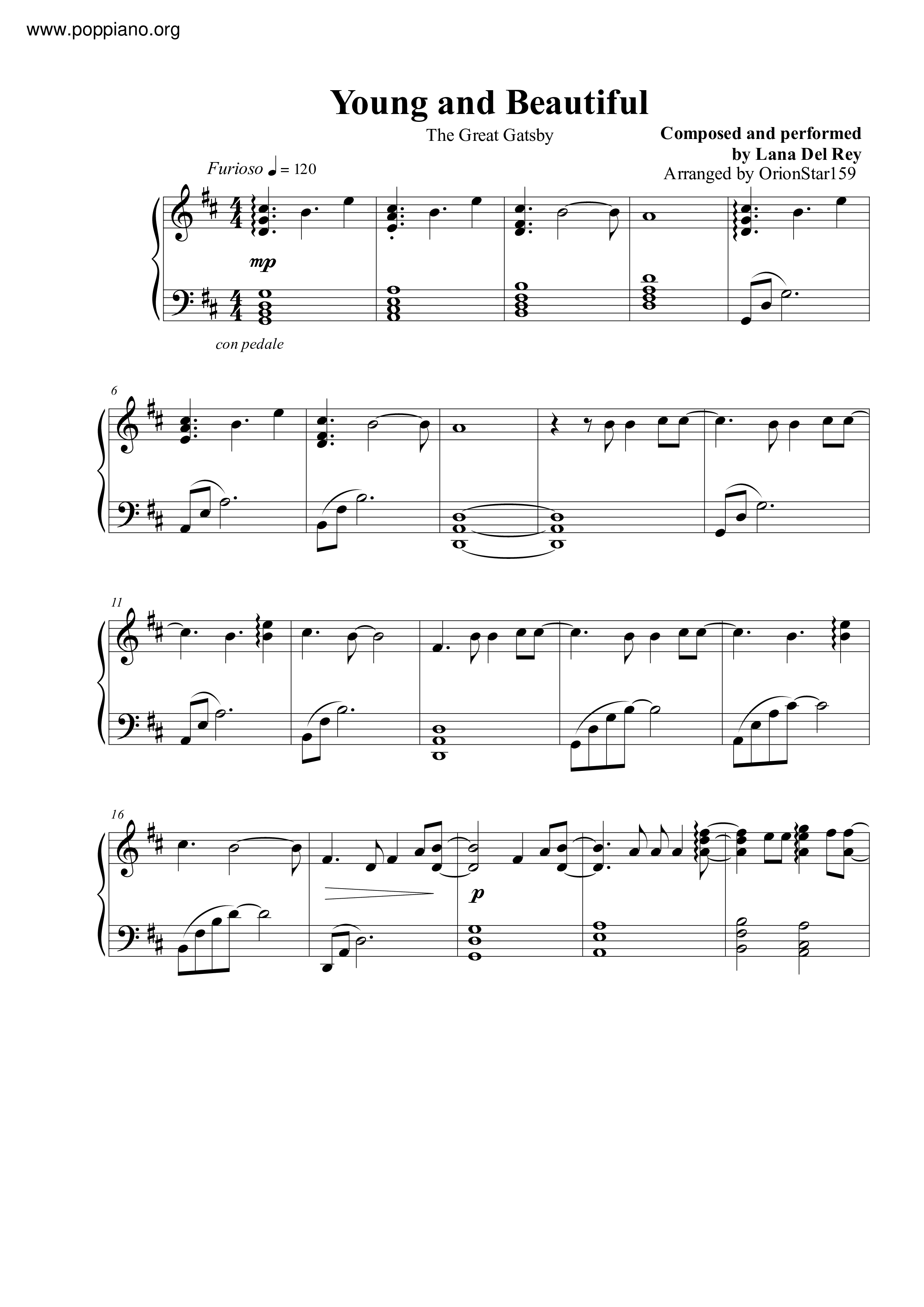 Lana Del Rey Young And Beautiful Sheet Music Pdf Free Score Download