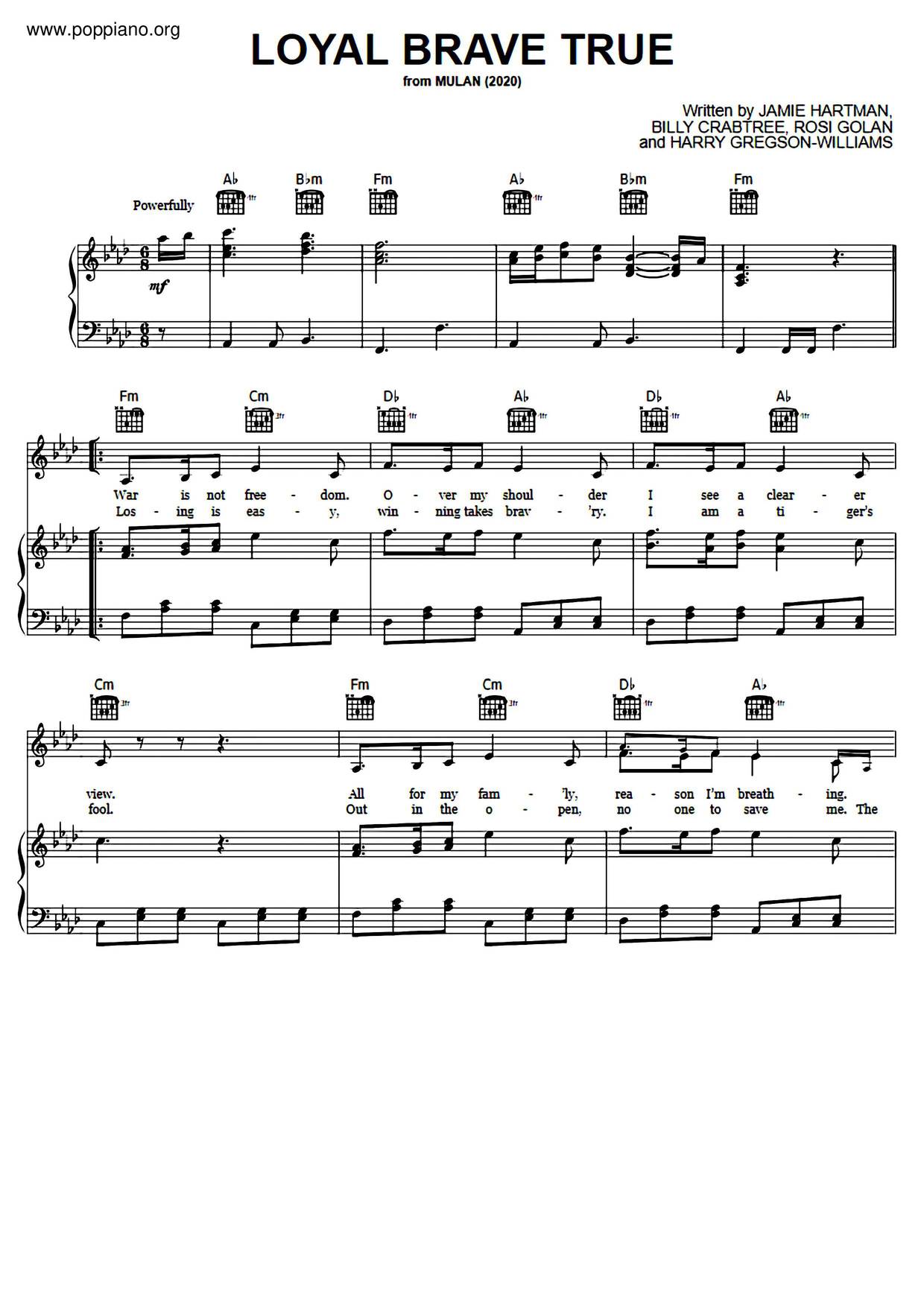 Christina AguileraMulan Loyal Brave True Sheet Music
